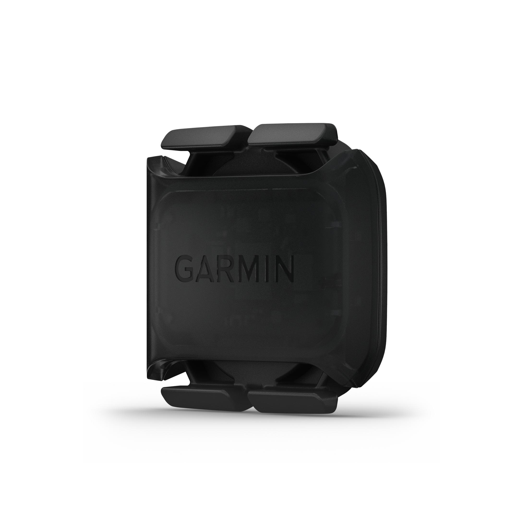 Schwarzer Garmin-Sensor. Rechteckige Form mit Garmin-Text. Verfügt über ein halterungsähnliches Design zur Befestigung.