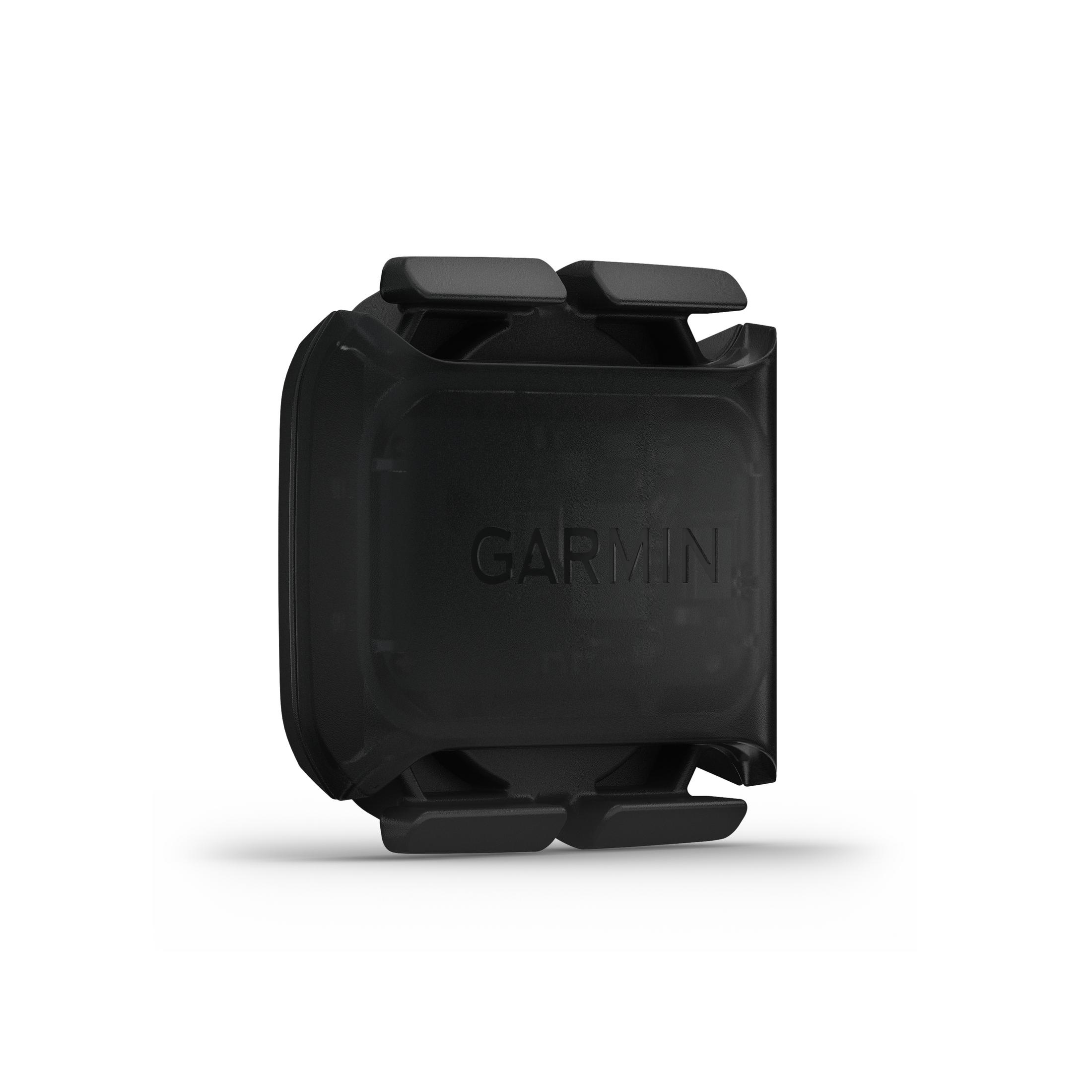 Schwarzer Garmin-Sensor. Es ist mit Garmin bedruckt. Es befindet sich auf weißem Hintergrund.