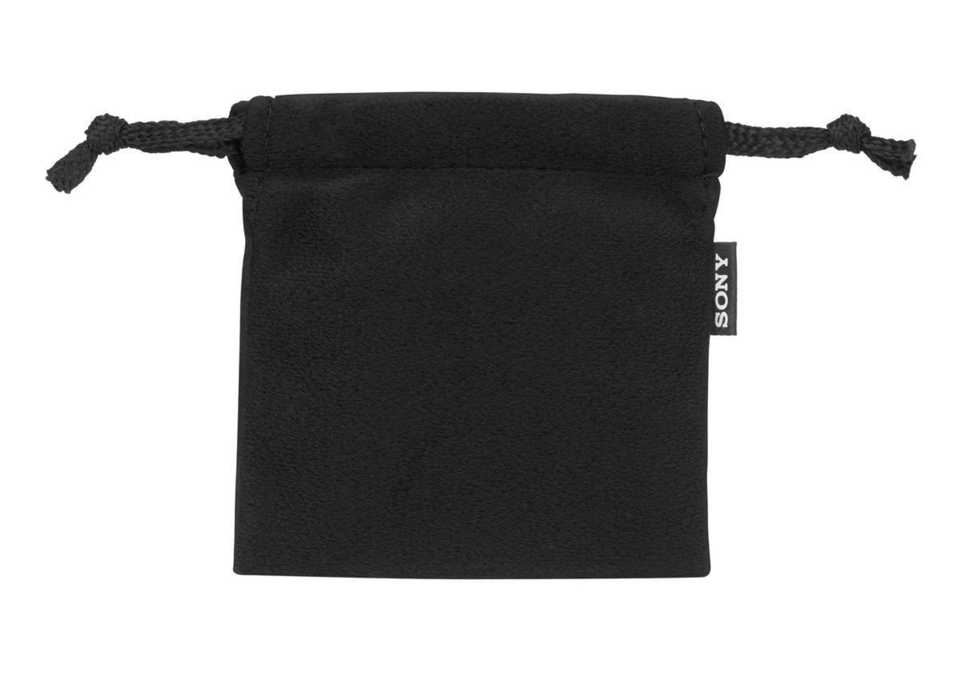 Czarny, zamknięty, miękki woreczek ze sznurkiem i logo 'SONY'.