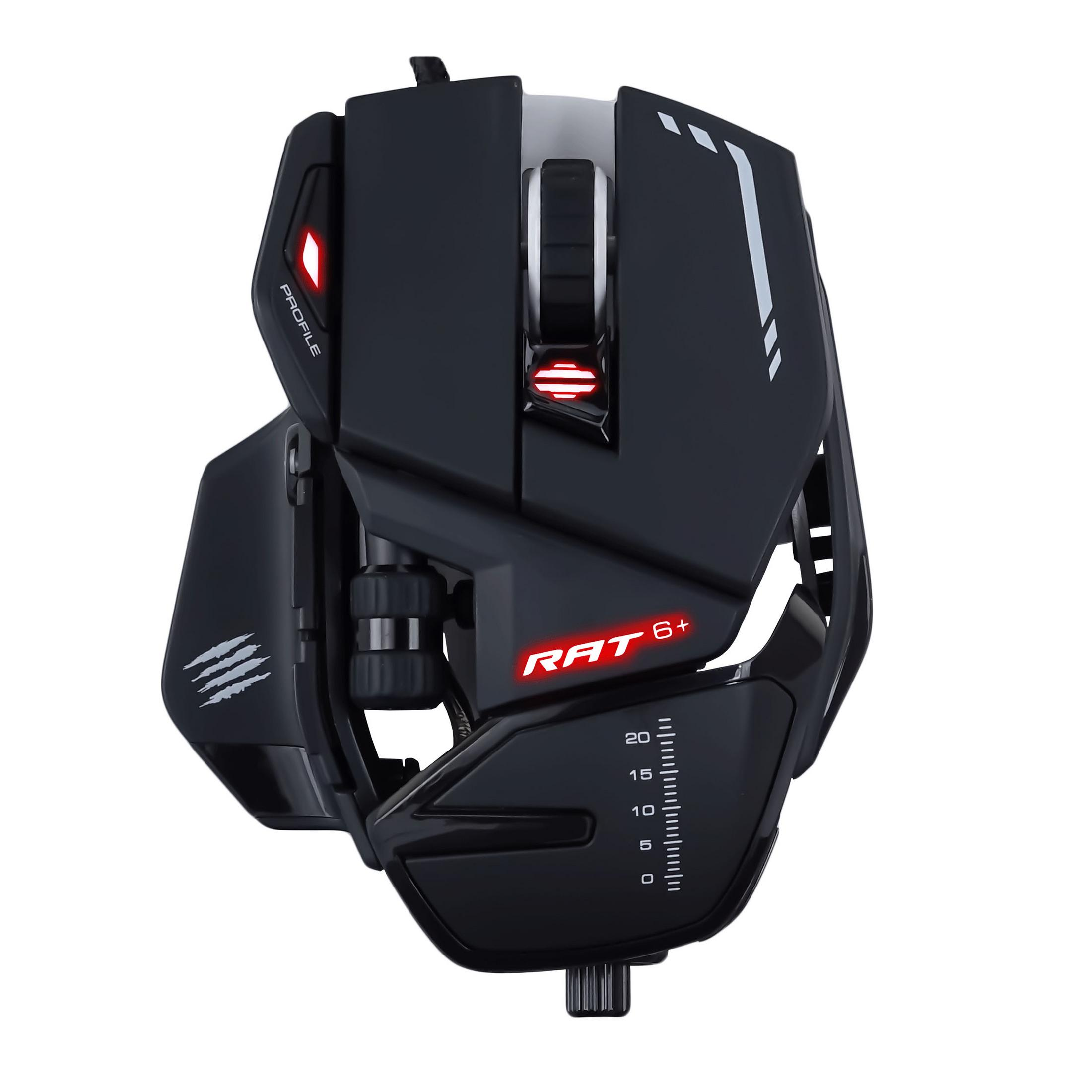 Czarna mysz do gier z czerwonymi akcentami. Posiada wiele przycisków i pokrętło. Czerwone światło emituje z myszy.