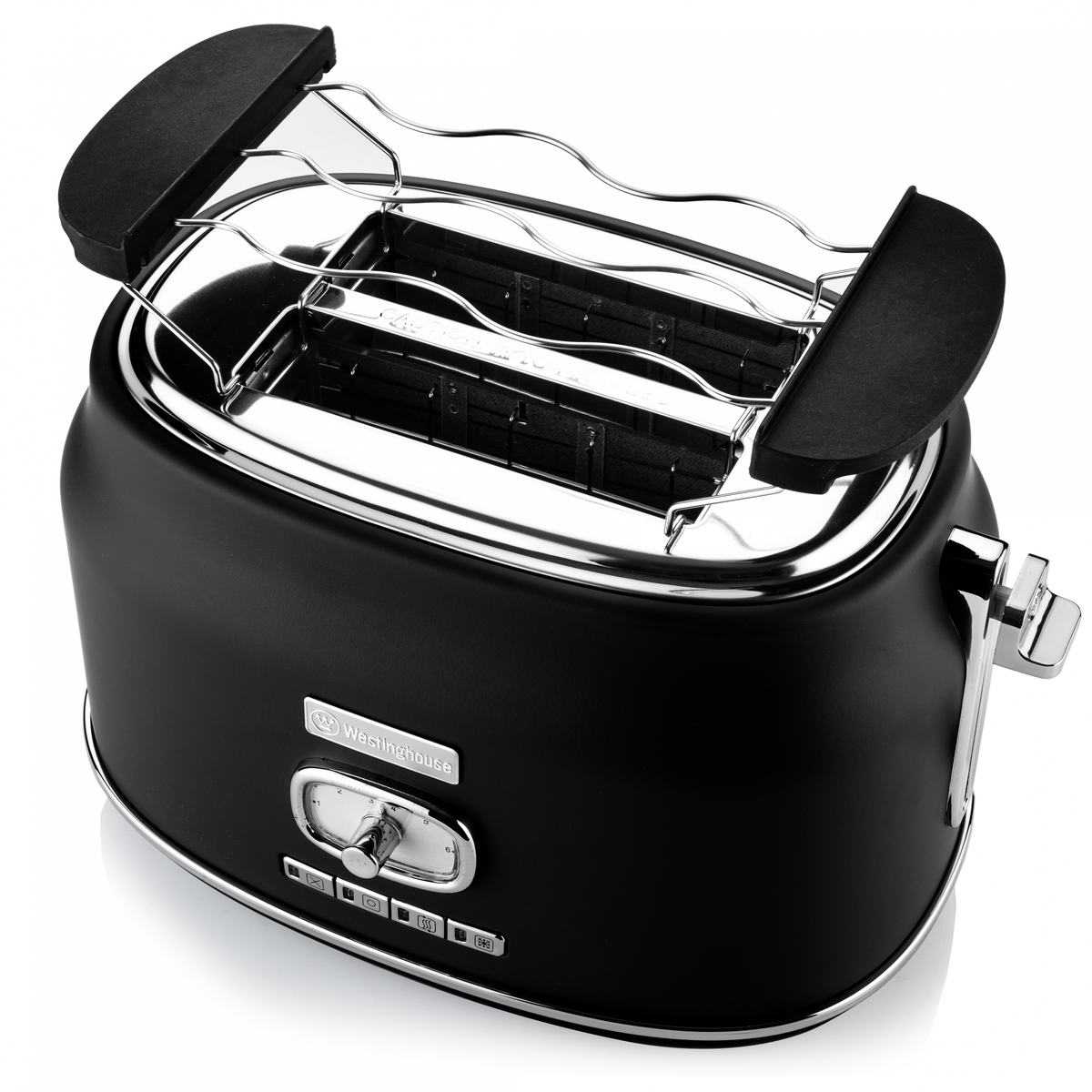 Schwarzer Toaster mit zwei Schlitzen und einem Warmhalterost. Silberne Akzente und Drehregler.