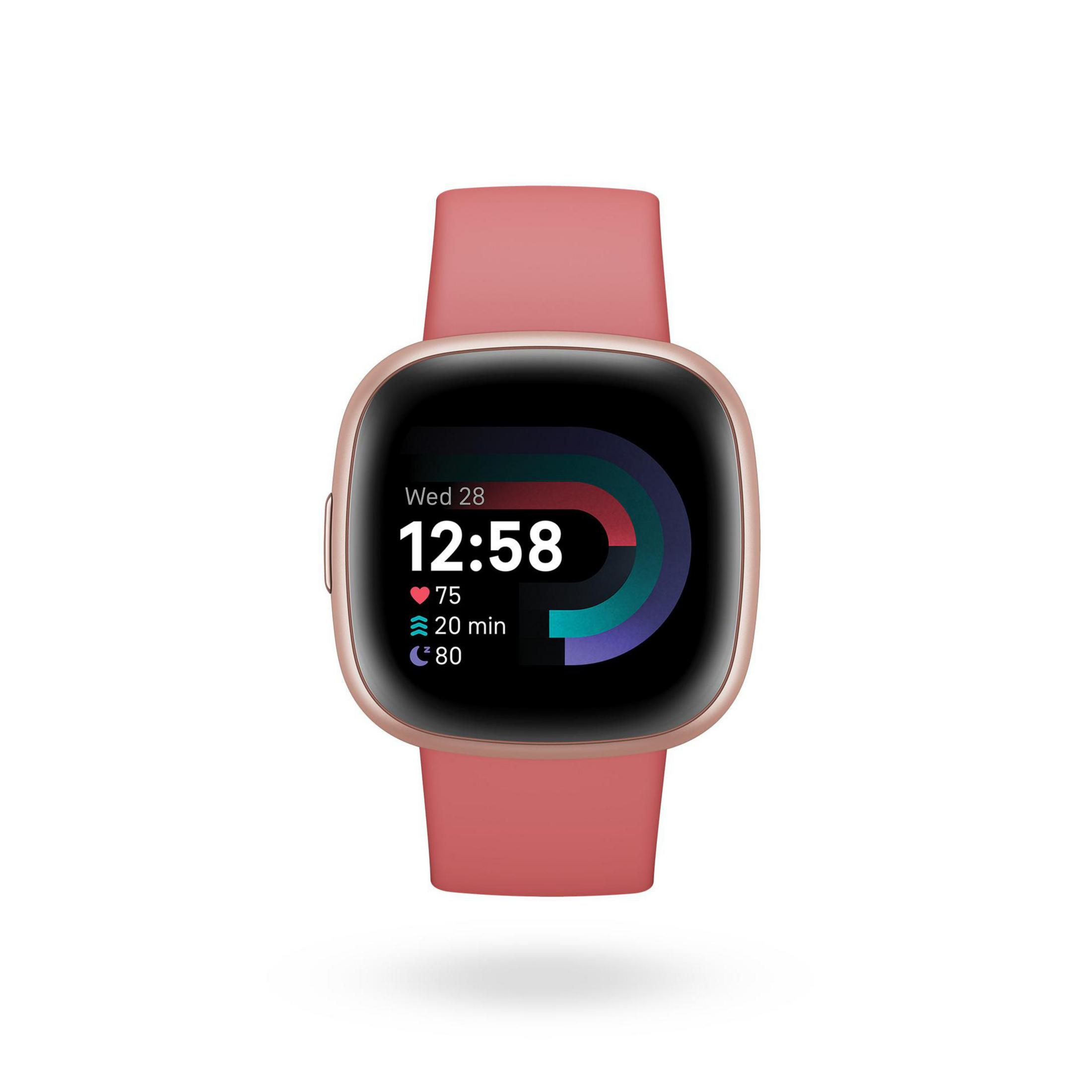 Smartwatch z różowym paskiem, pokazujący czas, tętno i kroki.