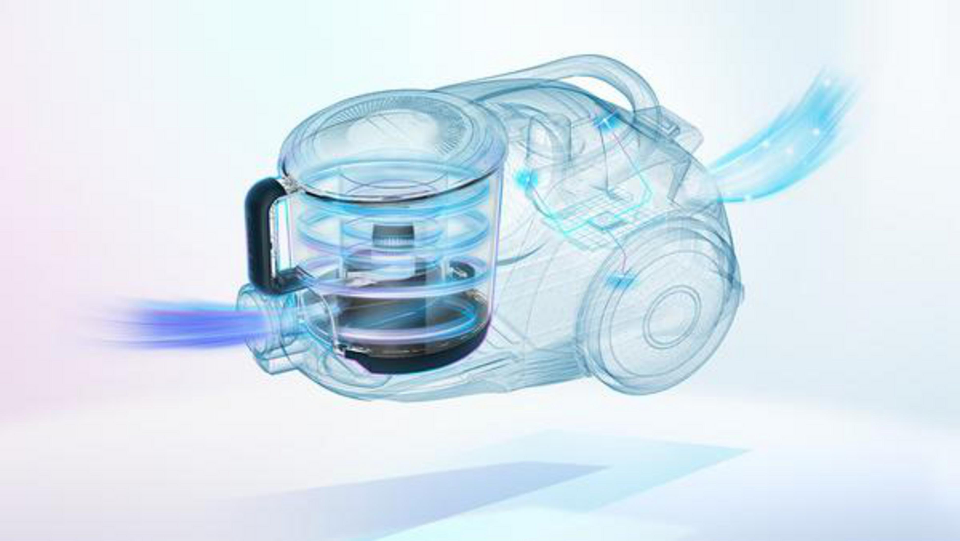 Przezroczysty odkurzacz z niebieskimi liniami przepływu powietrza, na białym tle.