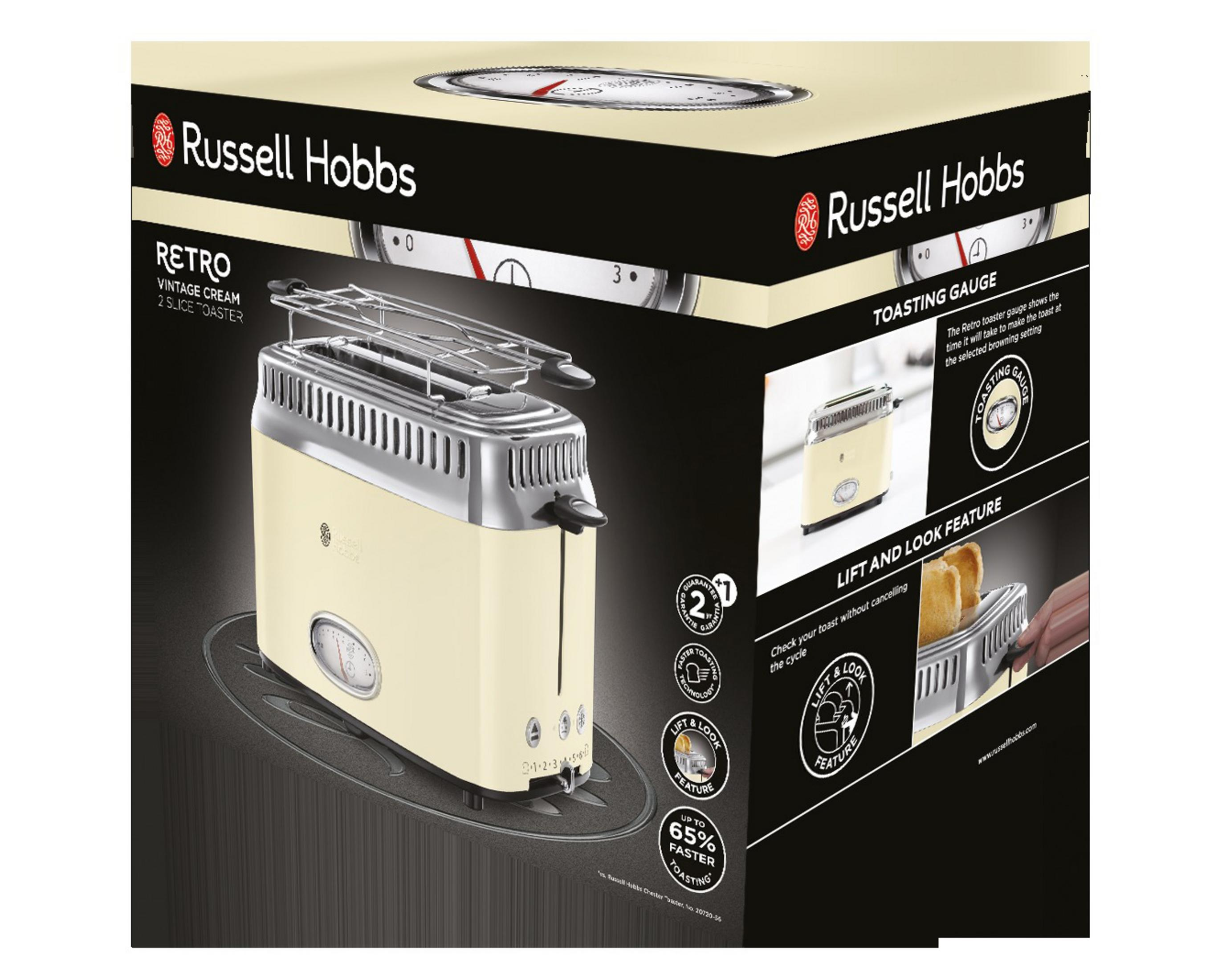 Retro kremowy toster Russell Hobbs z czarnym tłem i szczegółami produktu.