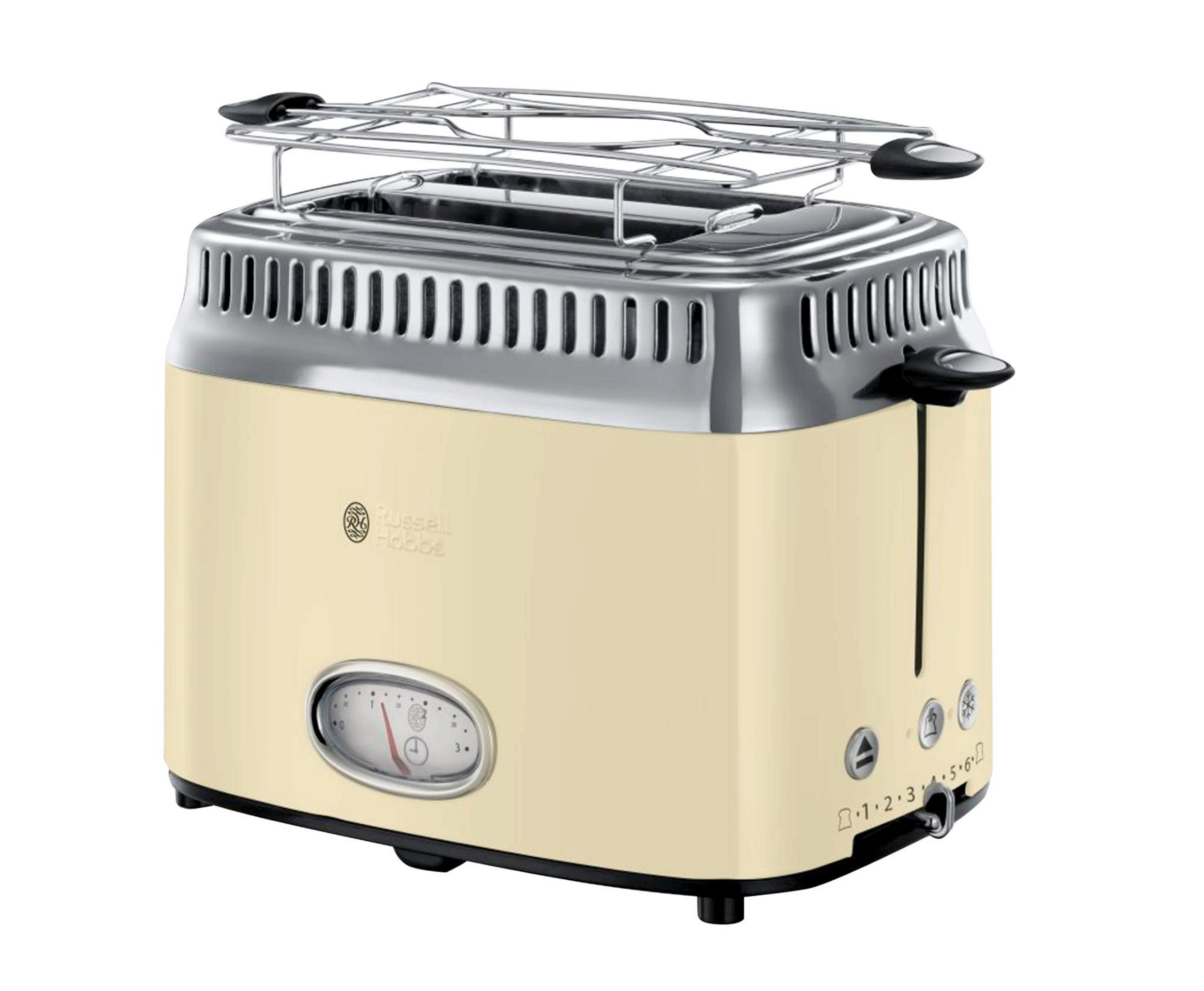 Kremowy toster ze srebrnym górnym rusztem. Posiada pokrętło i przyciski.