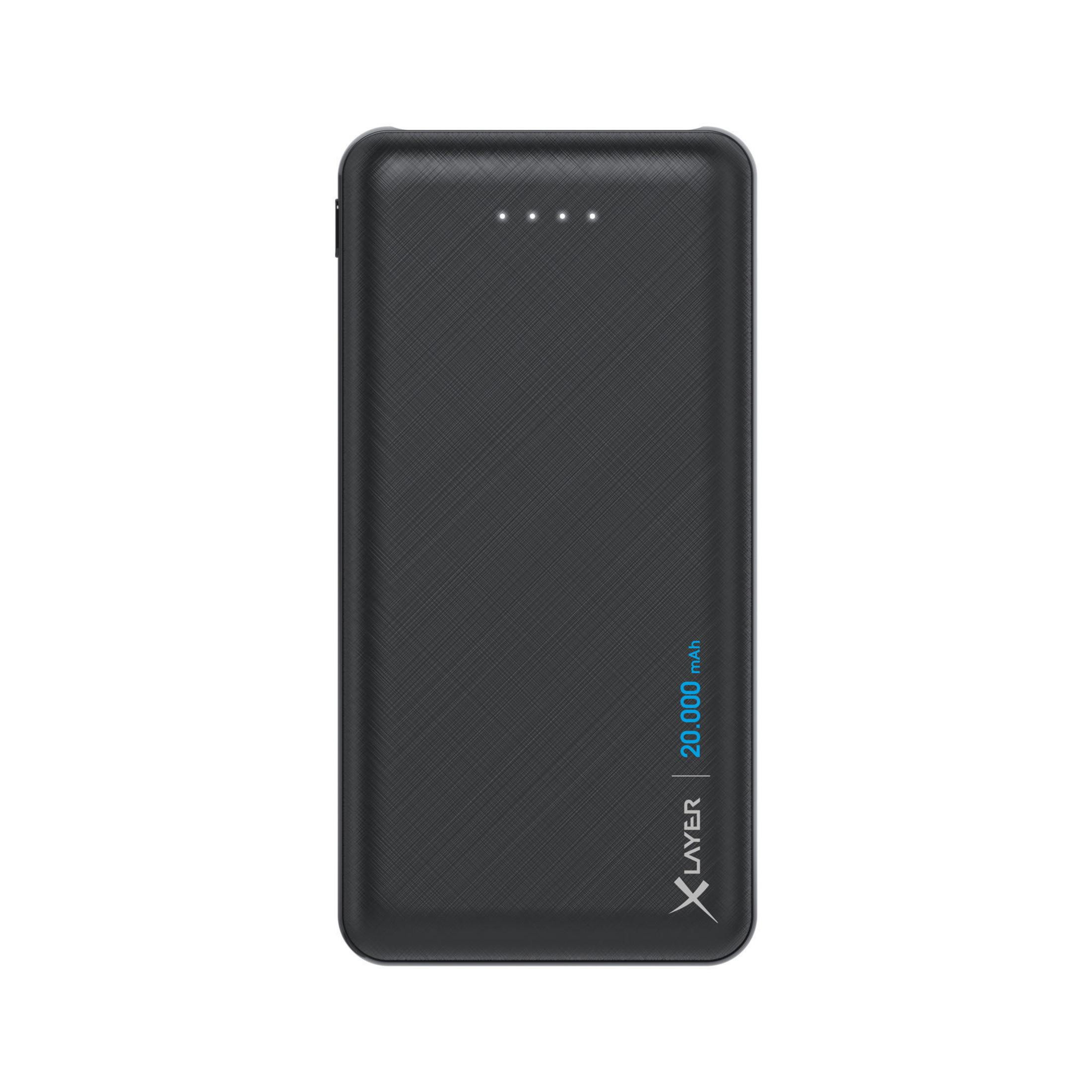 Power bank nero con spie luminose bianche.