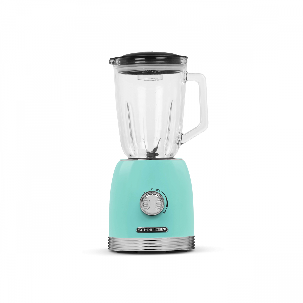 Türkisfarbener Mixer mit Glasbehälter, schwarzem Deckel und silbernem Sockel.