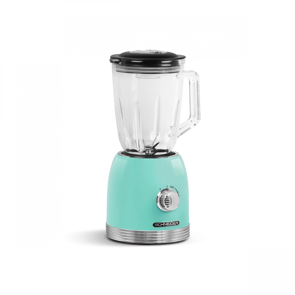 Ein türkisfarbener Mixer mit einem Glasbehälter und einem schwarzen Deckel auf weißem Hintergrund.