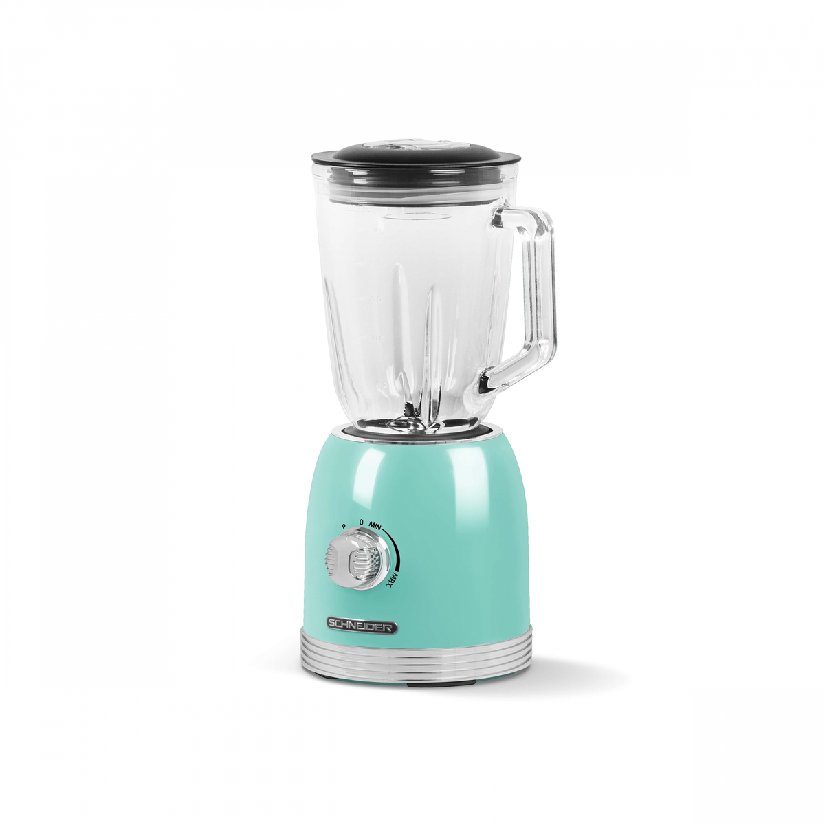 Ein türkis-silberner Mixer mit einem Glasbehälter und einem schwarzen Deckel, auf weißem Hintergrund.