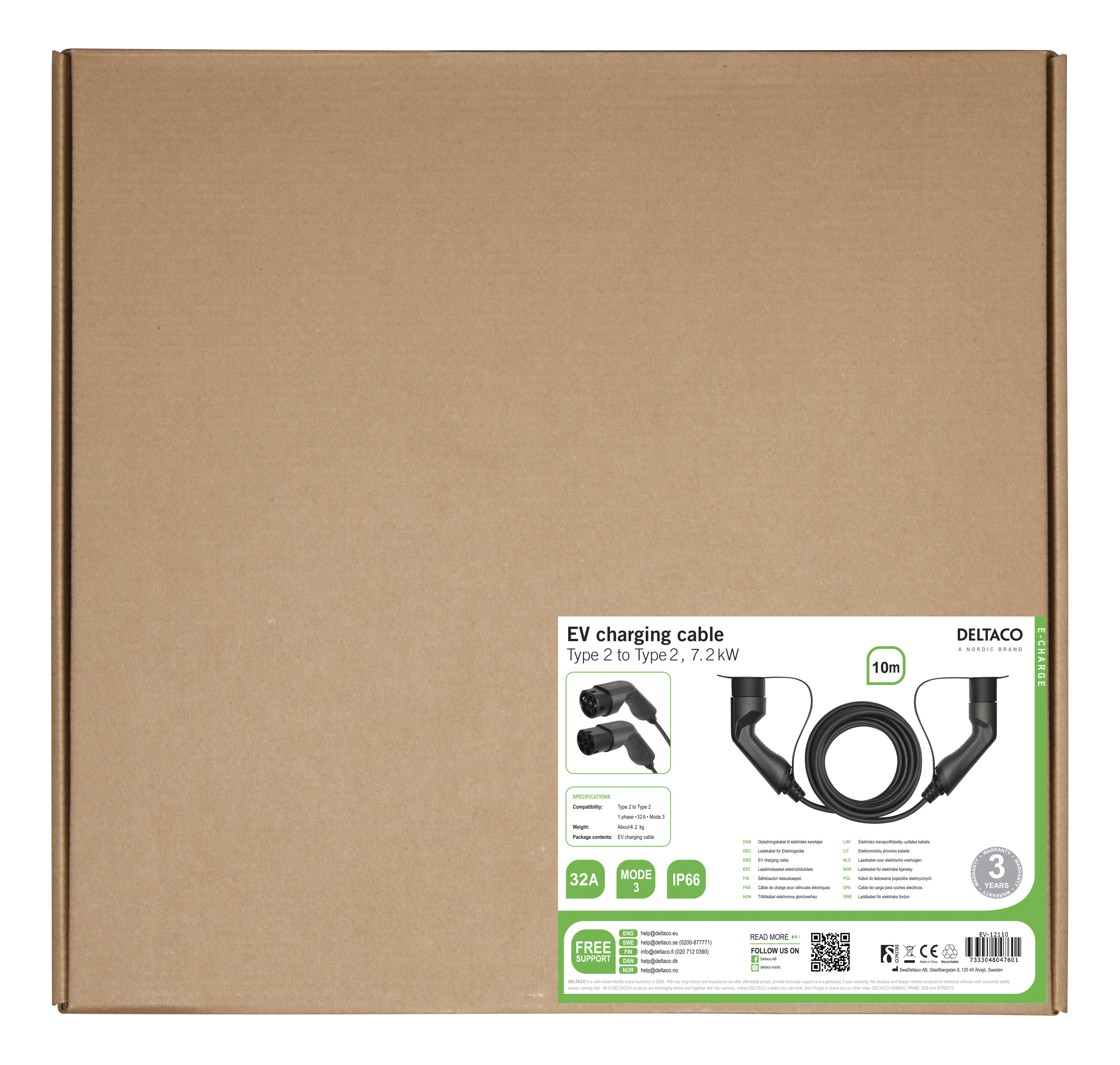 Brauner Karton mit Produktdetails und einer Illustration eines EV-Ladekabels.