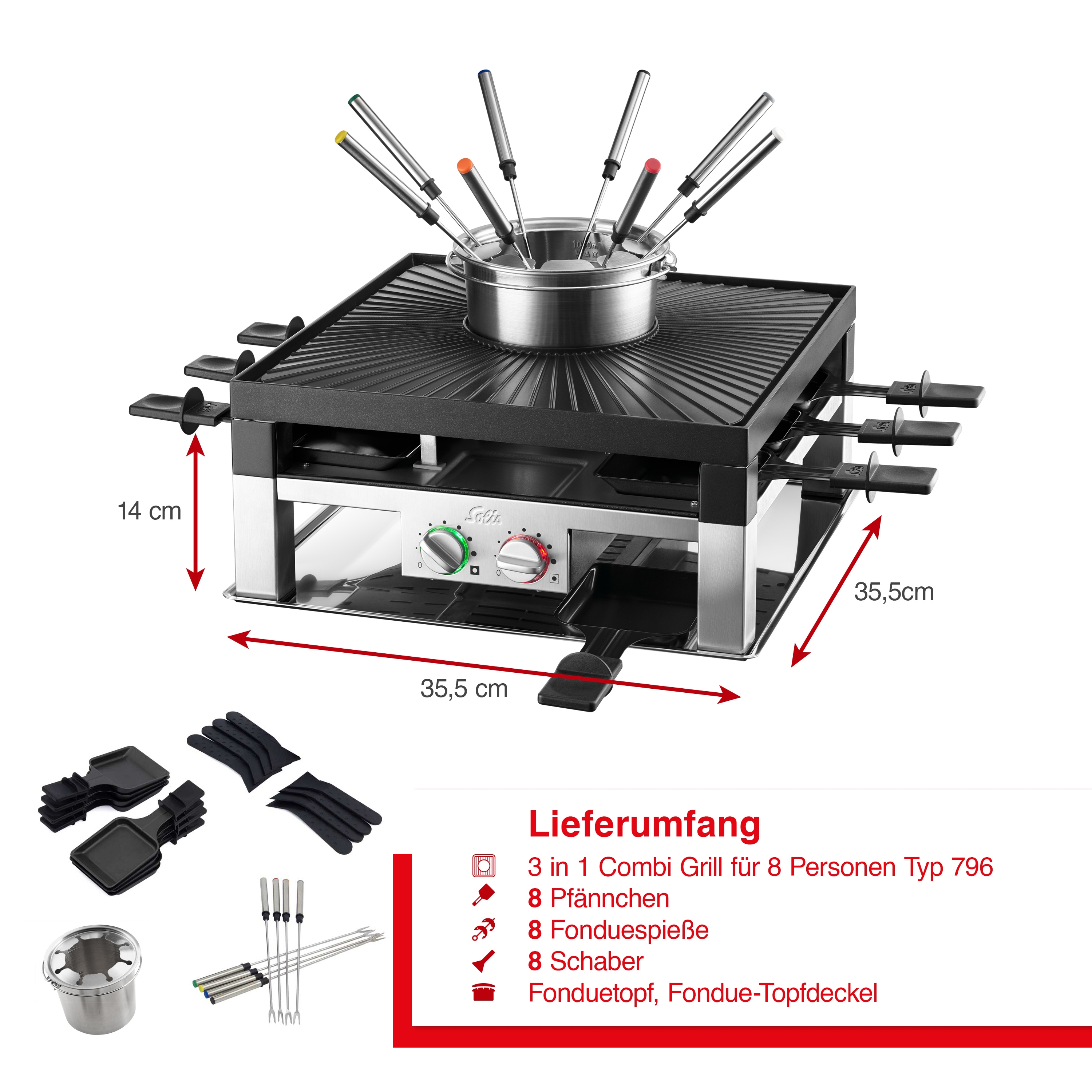 Grill do raclette z akcesoriami, pokazane wymiary.