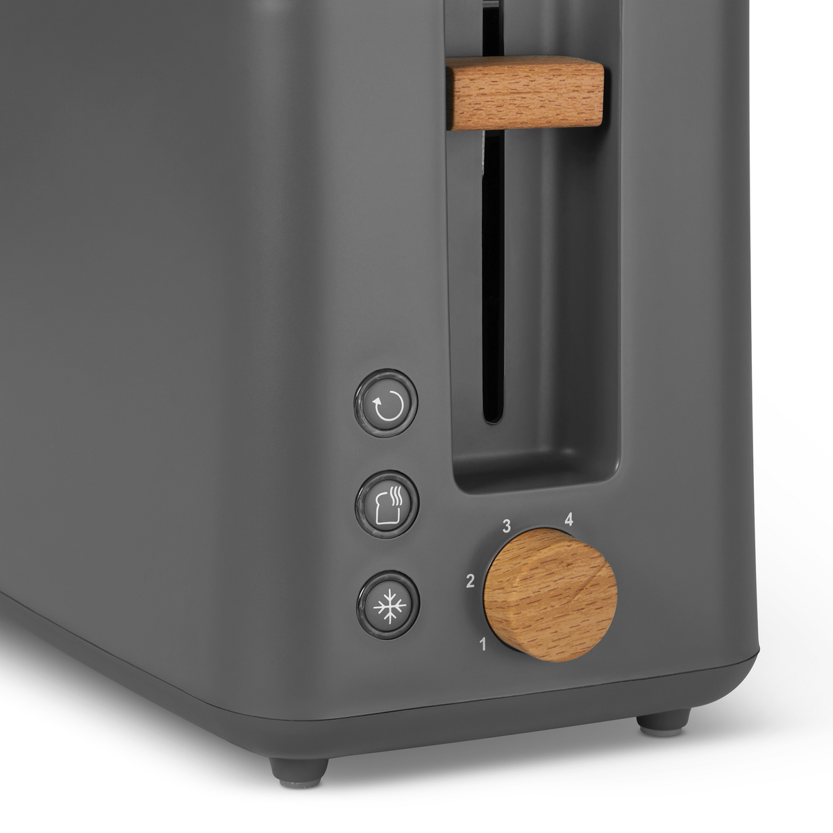 Grauer Toaster mit holzfarbenem Griff und Knöpfen, weißer Hintergrund.