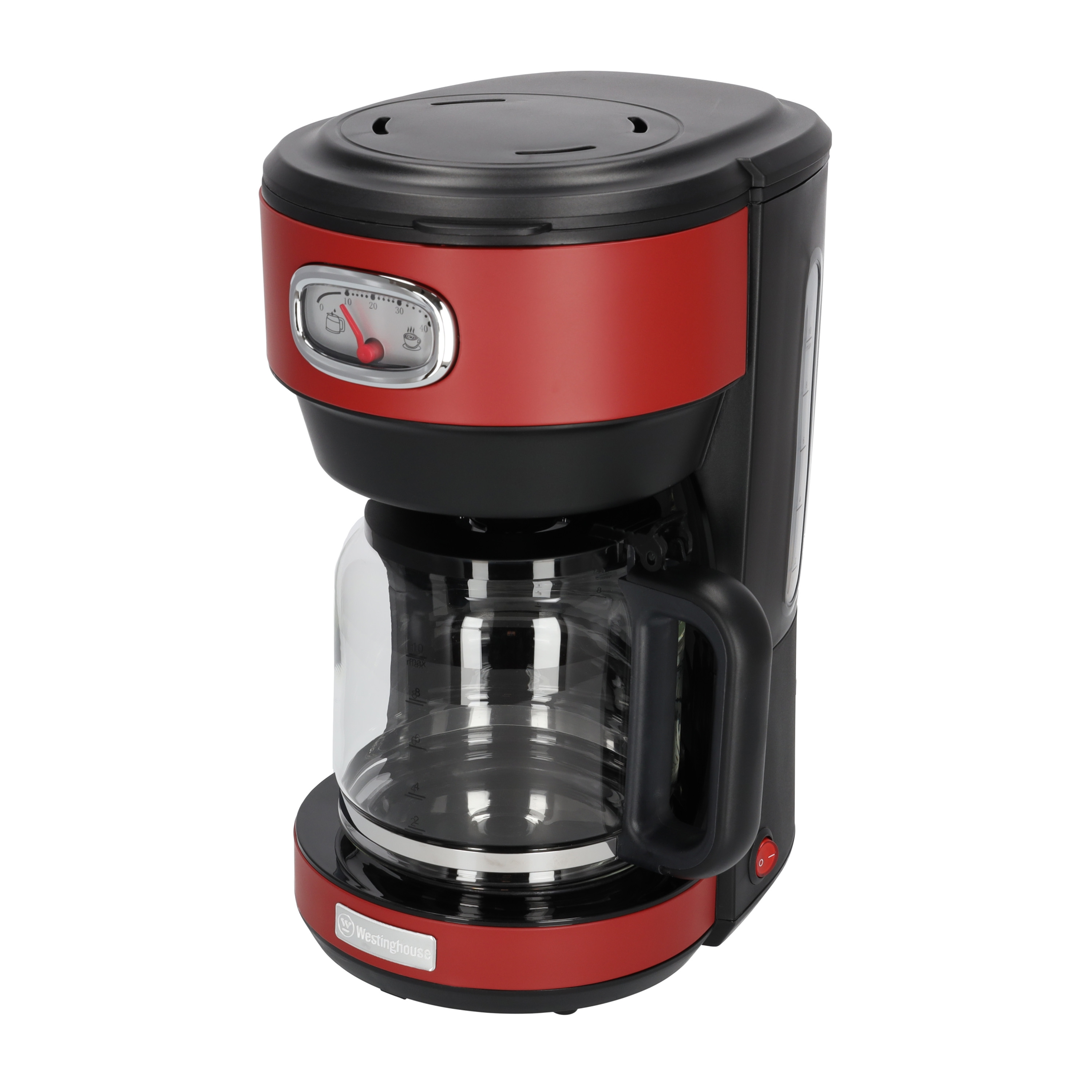 Roter und schwarzer Kaffeemaschine mit Glaskaraffe, zeigt die Vorder- und Seitenansicht.