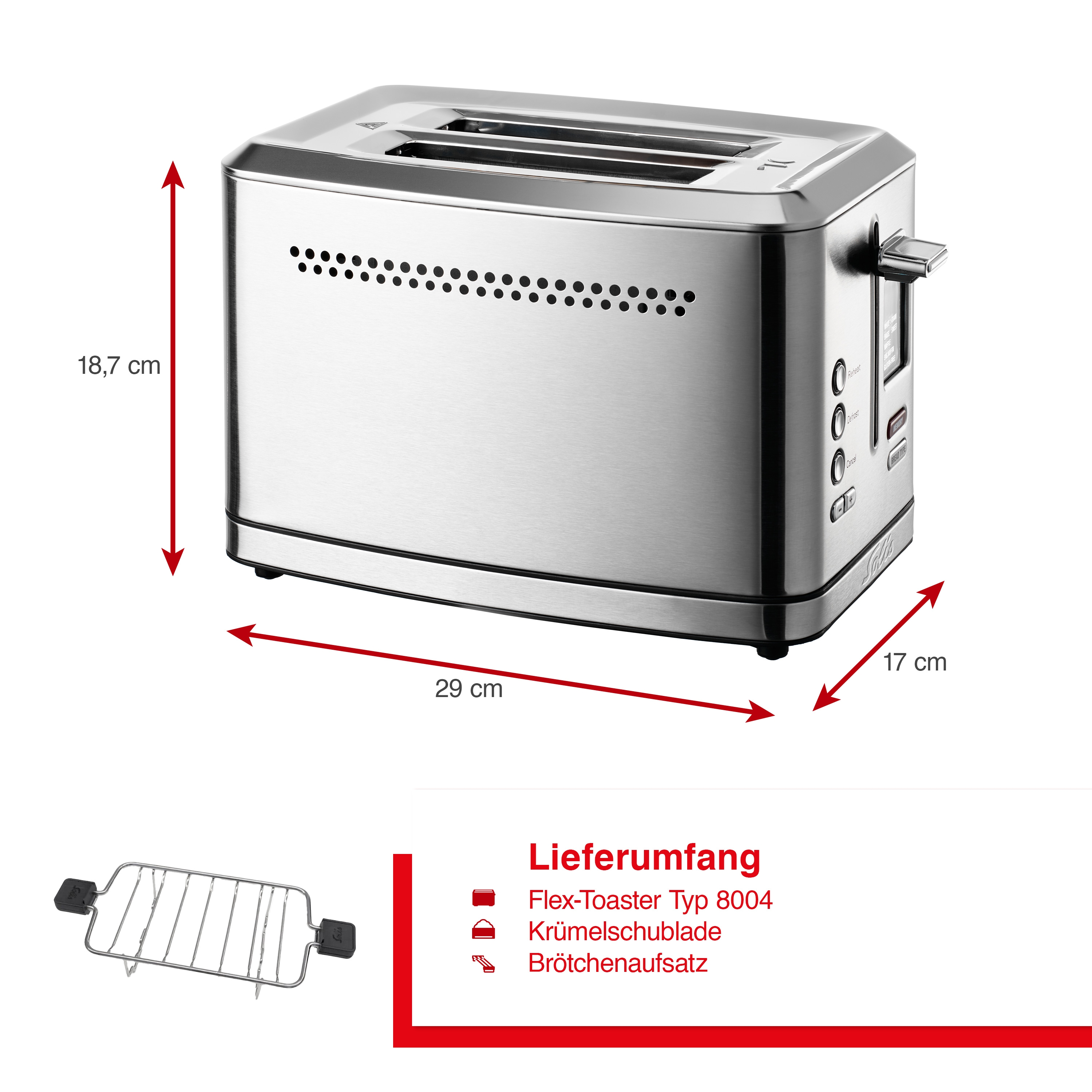 Silberner Toaster mit Abmessungen und Krümelschublade, und Brötchenaufsatz.