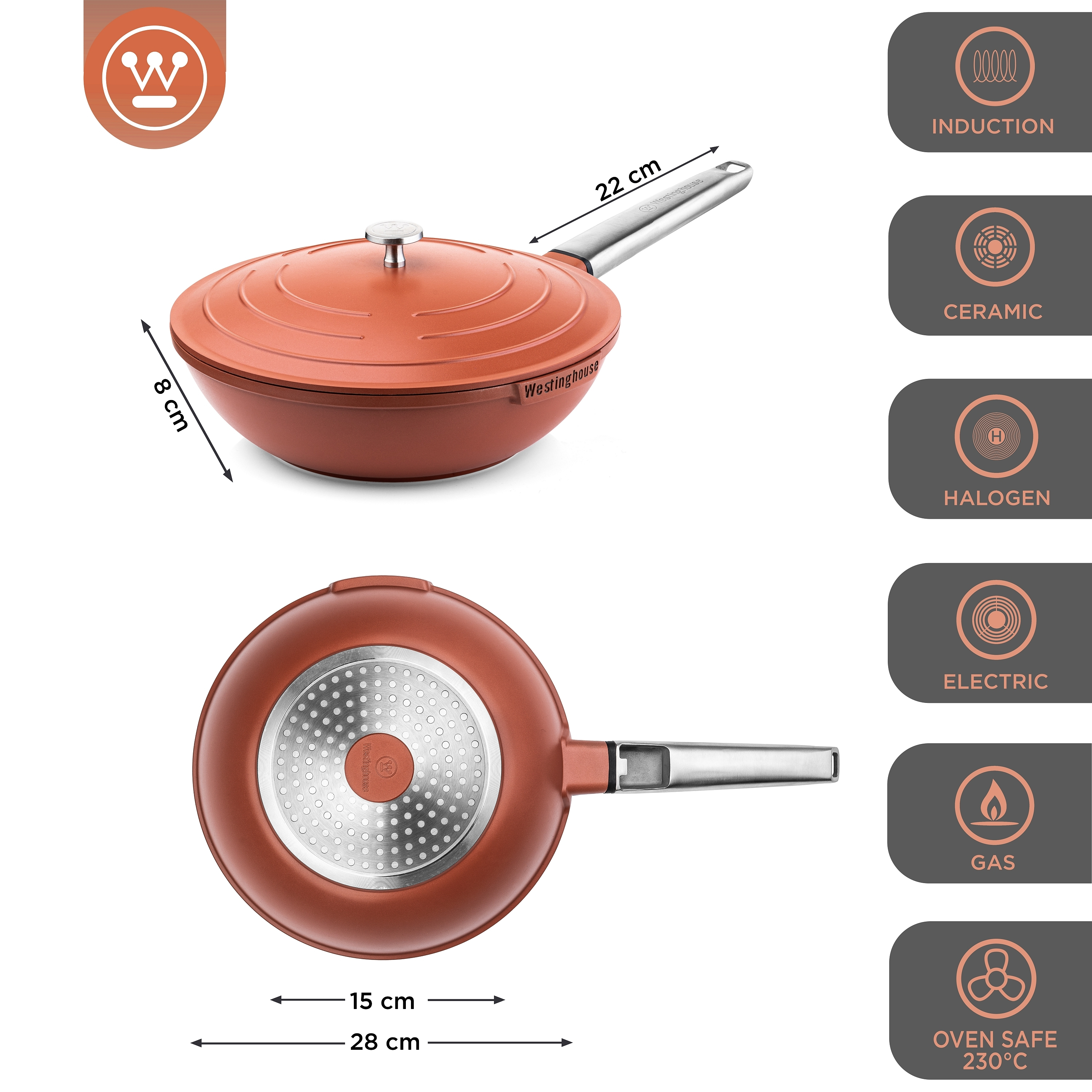 Rotbrauner Wok mit Abmessungen und Funktionen. Enthält Symbole für Induktion, Keramik usw.