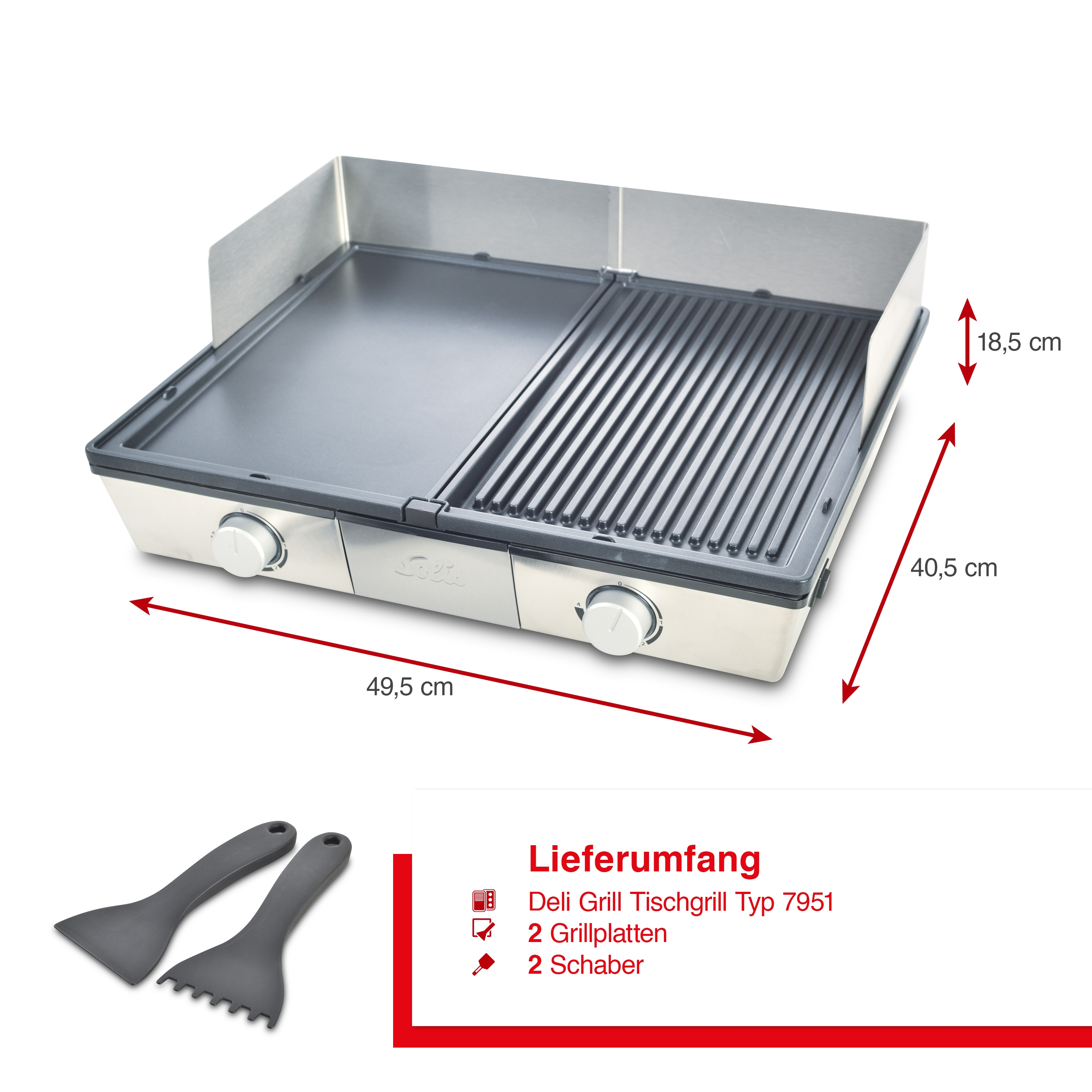 Zilveren en zwarte grill met afmetingen. Twee spatels en tekst: Deli Grill Tischgrill Typ 7951.