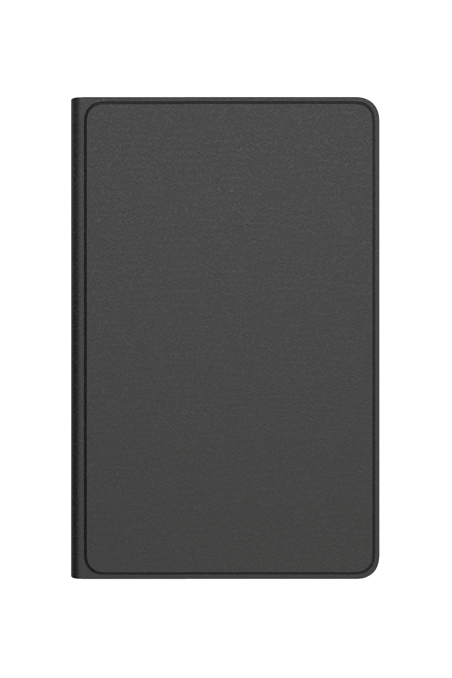Eine schwarze Tablet-Hülle. Sie ist rechteckig mit strukturierter Oberfläche und schwarzem Rand.