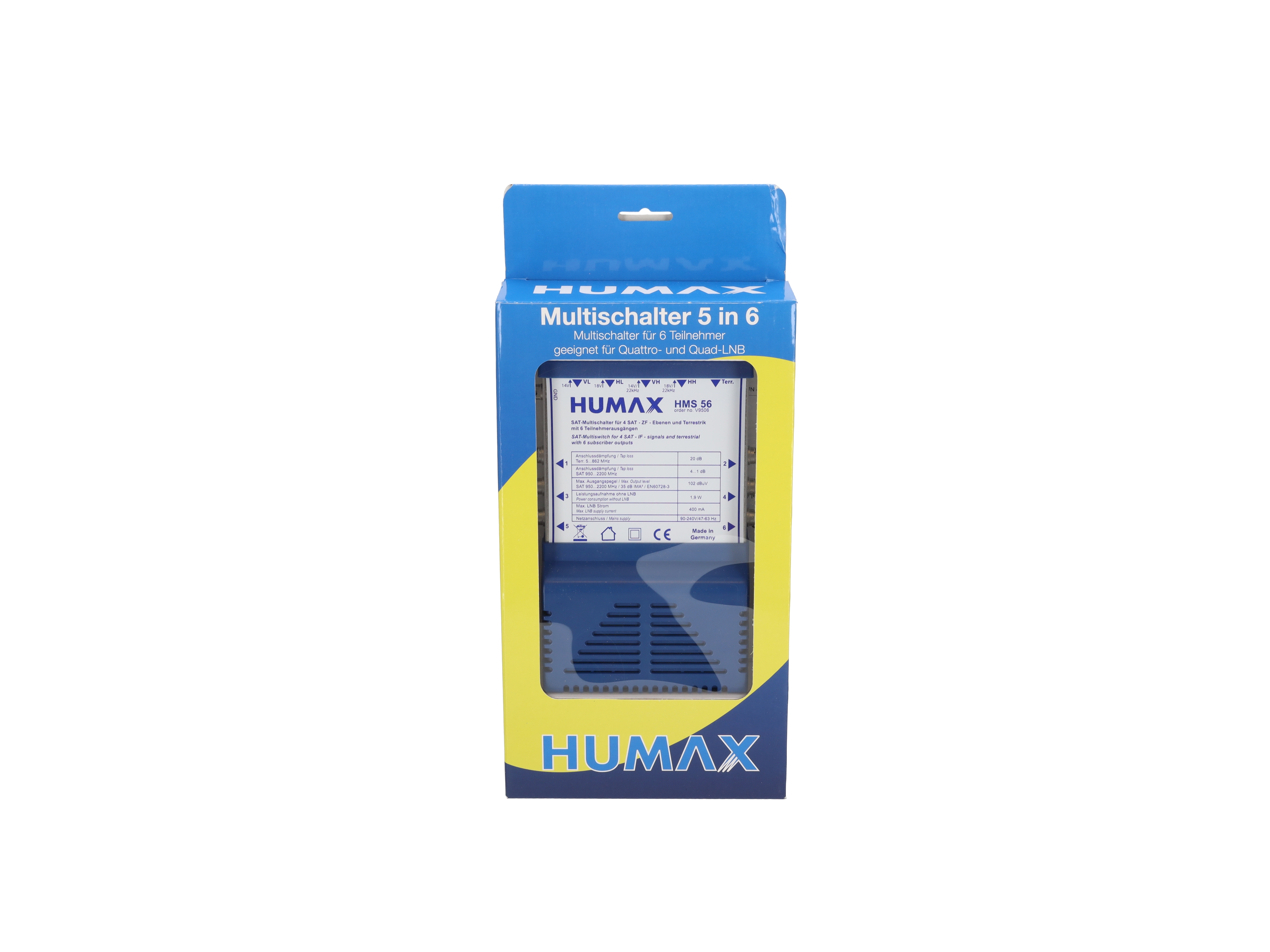 Blaue und gelbe Humax-Box. Die Box enthält einen Multischalter.
