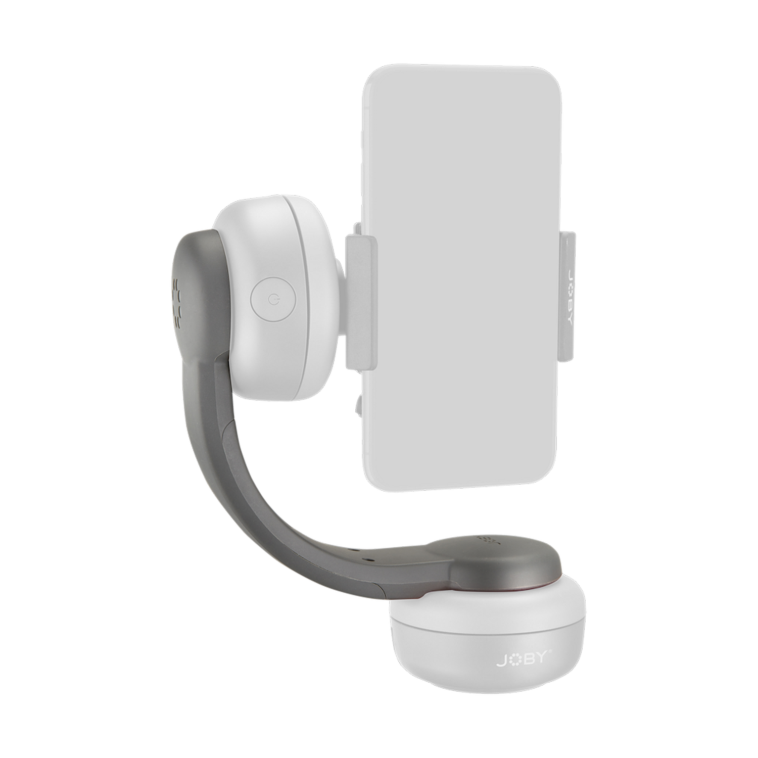 Weiße und graue Telefonhalterung mit Telefon, schwarzer Hintergrund.