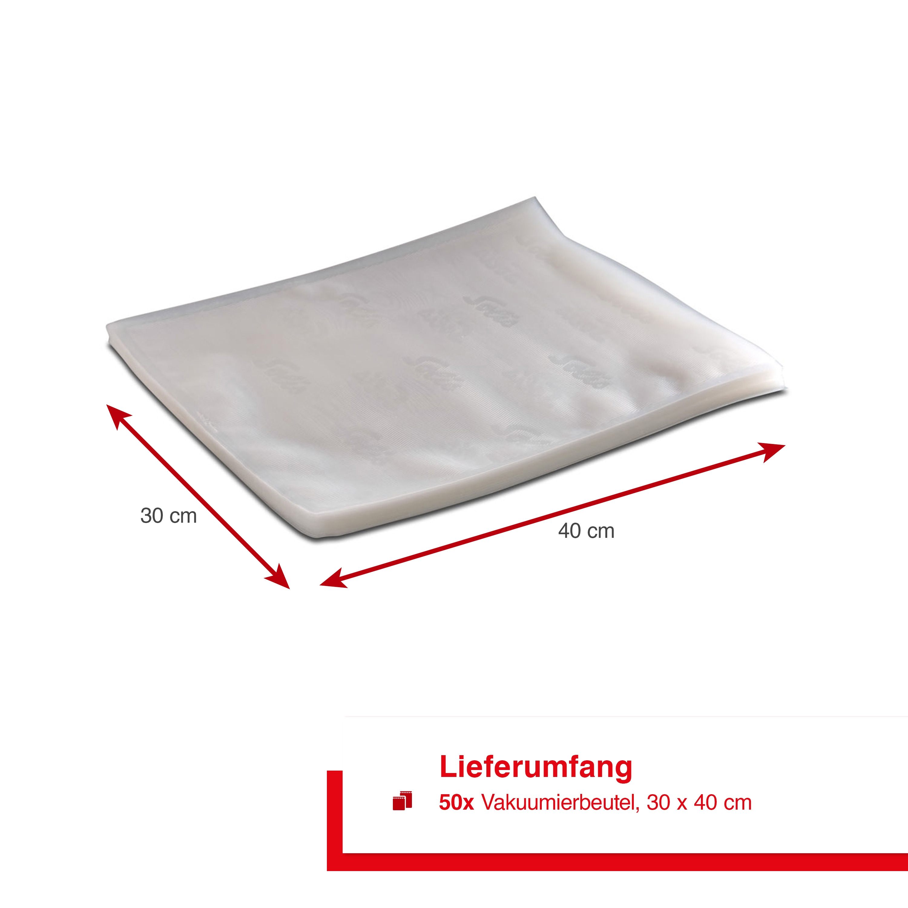 Eine transparente Plastiktüte mit den Maßen 30 cm x 40 cm. Text zeigt, dass 50 Beutel enthalten sind.