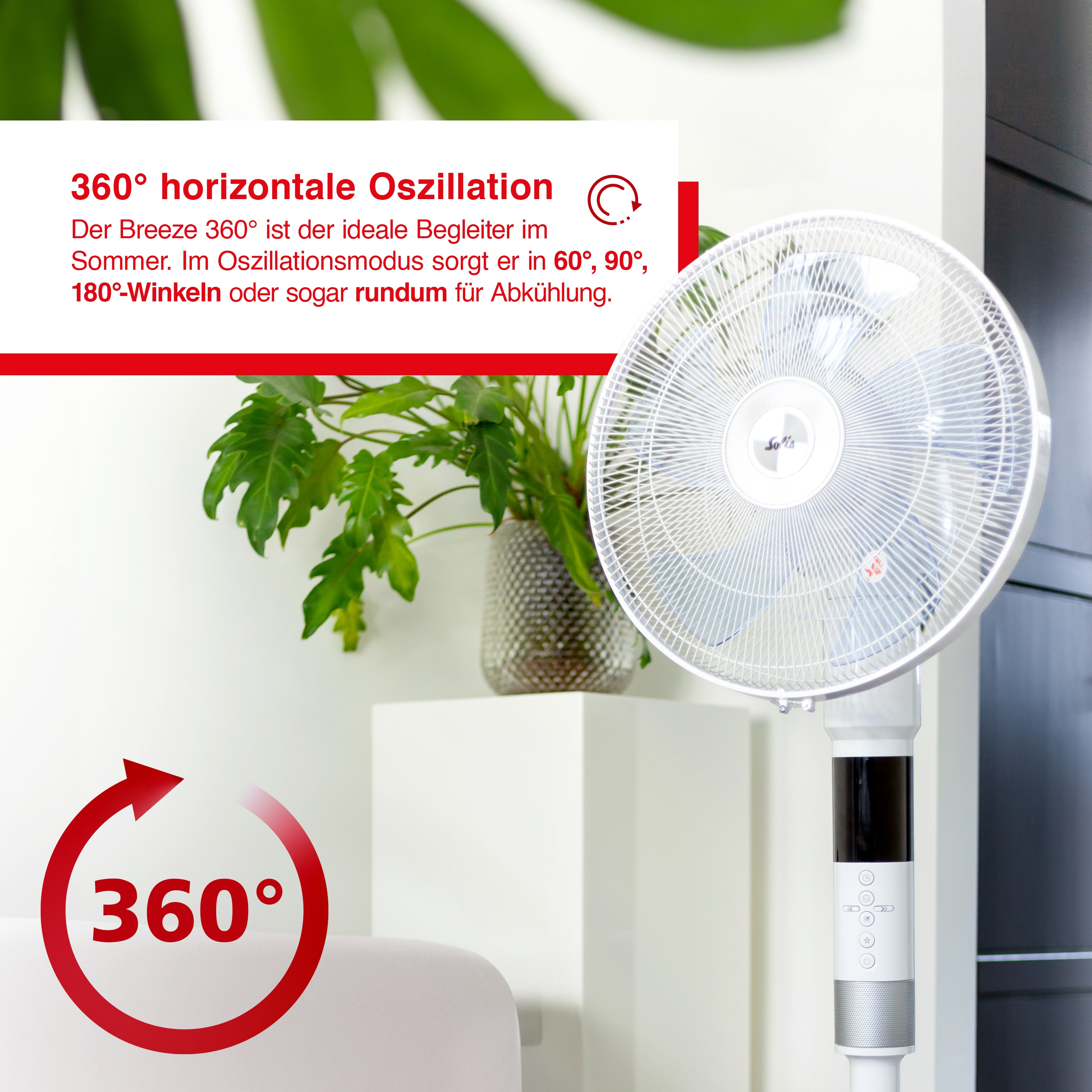 Un ventilatore oscillante bianco con una grafica rossa e bianca.