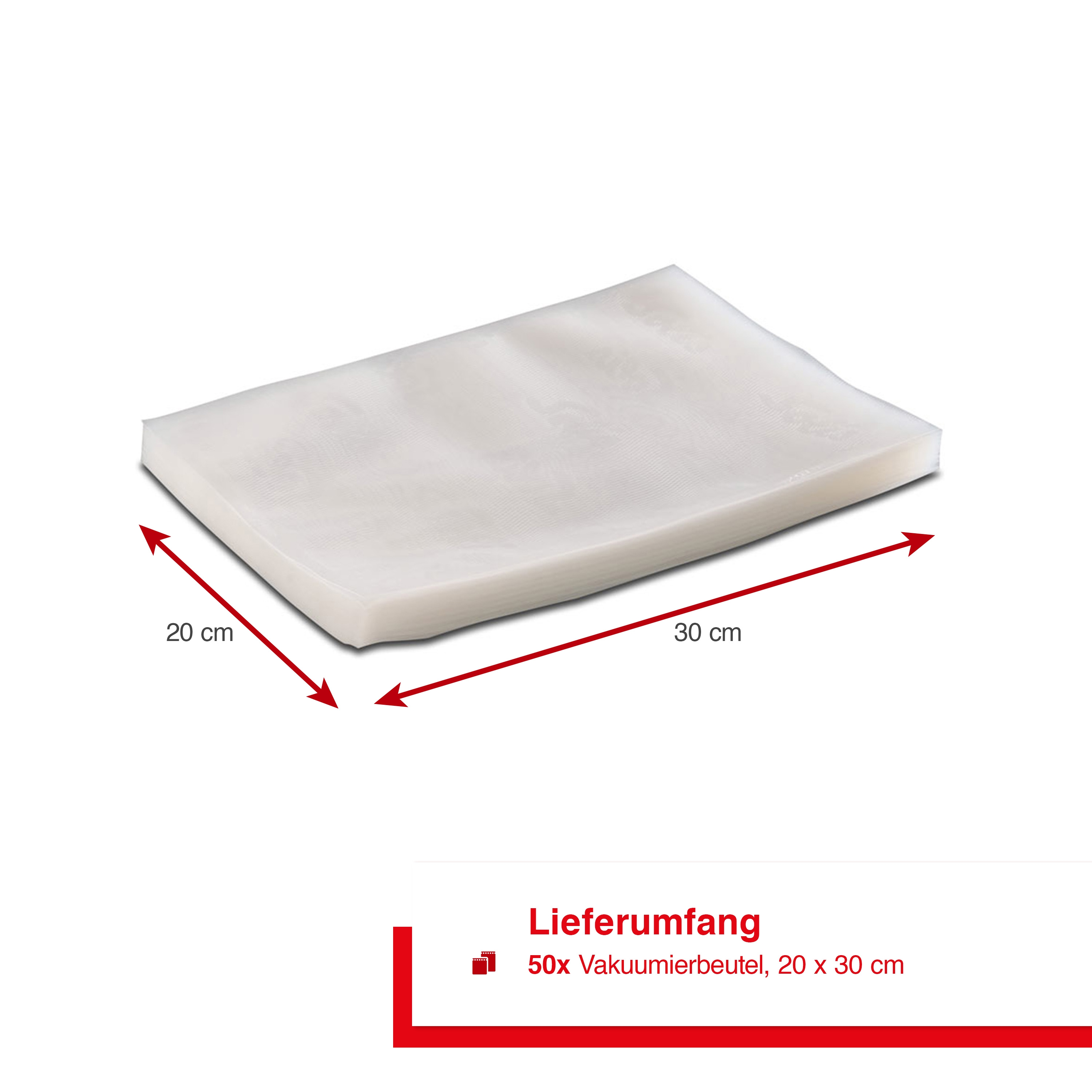 Ein Vakuumierbeutel, weiß und rechteckig, mit Pfeilen, die die Abmessungen 20 x 30 cm angeben.