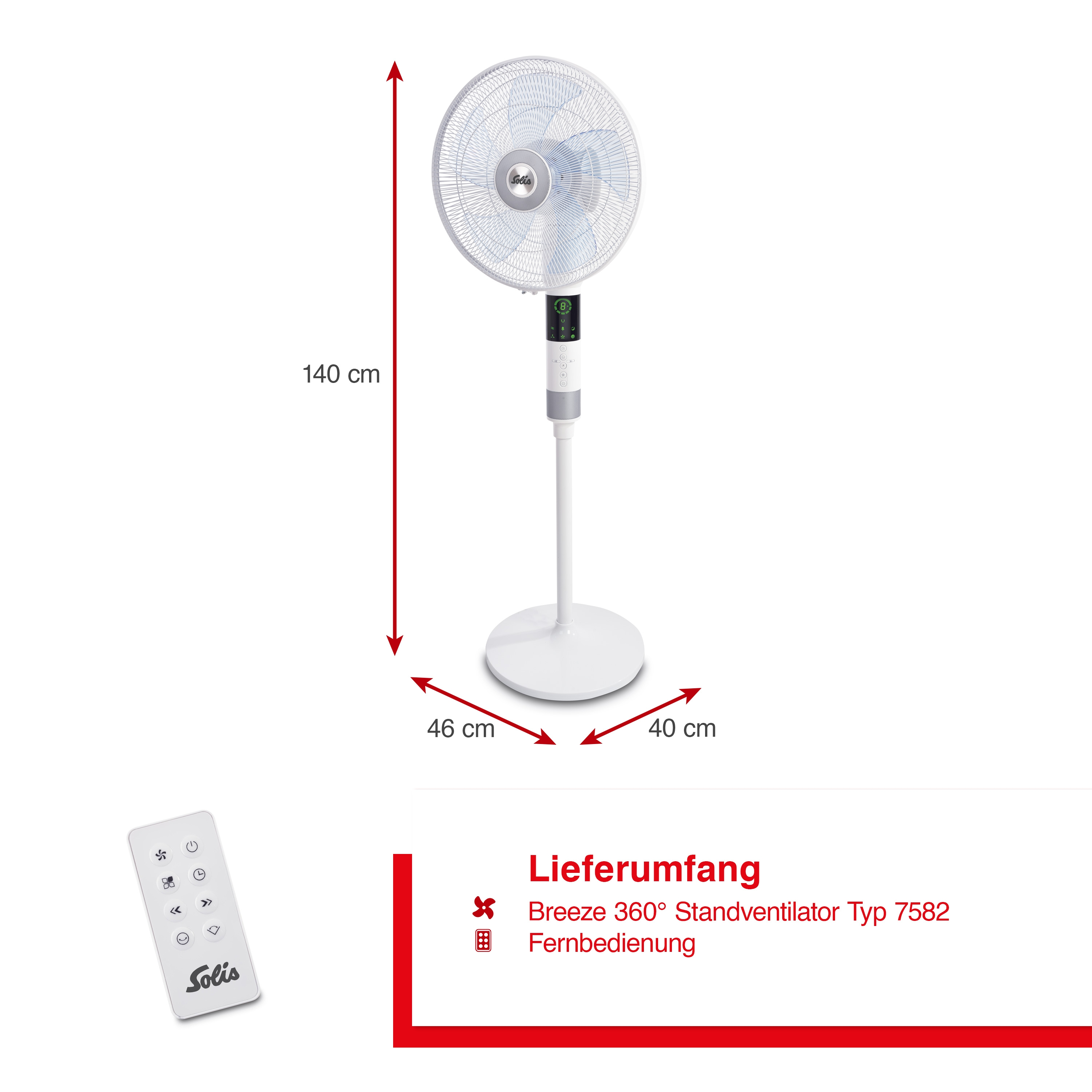 Ventilatore a piantana bianco con misure. Include telecomando e testo sul modello.