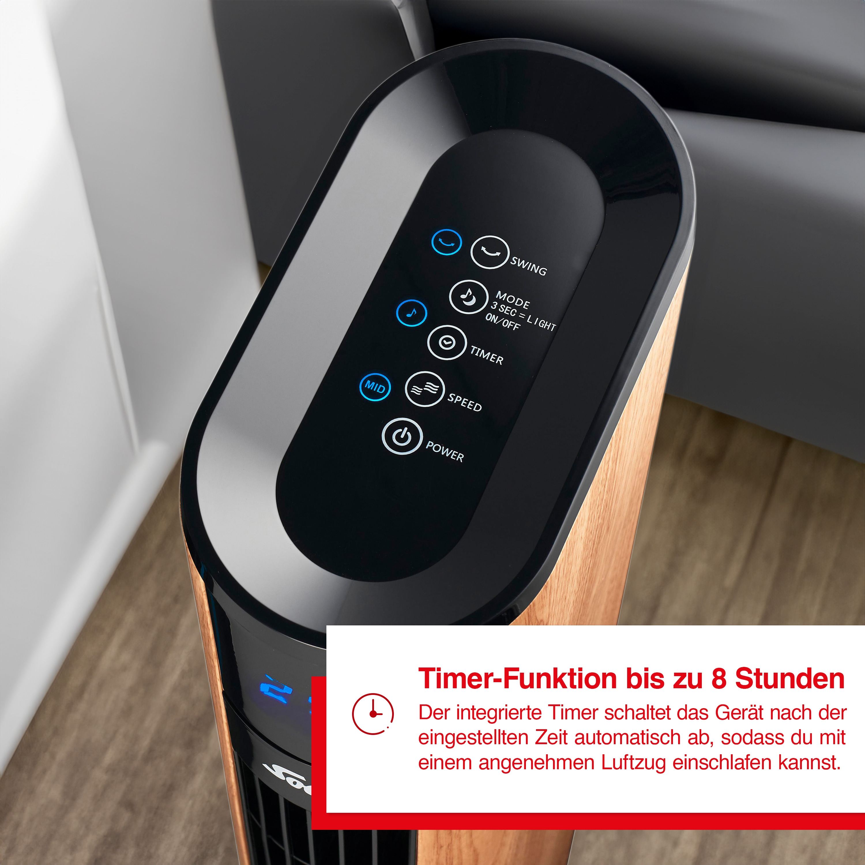 Ein hoher Ventilator mit Knöpfen und einem Text zur Timerfunktion.