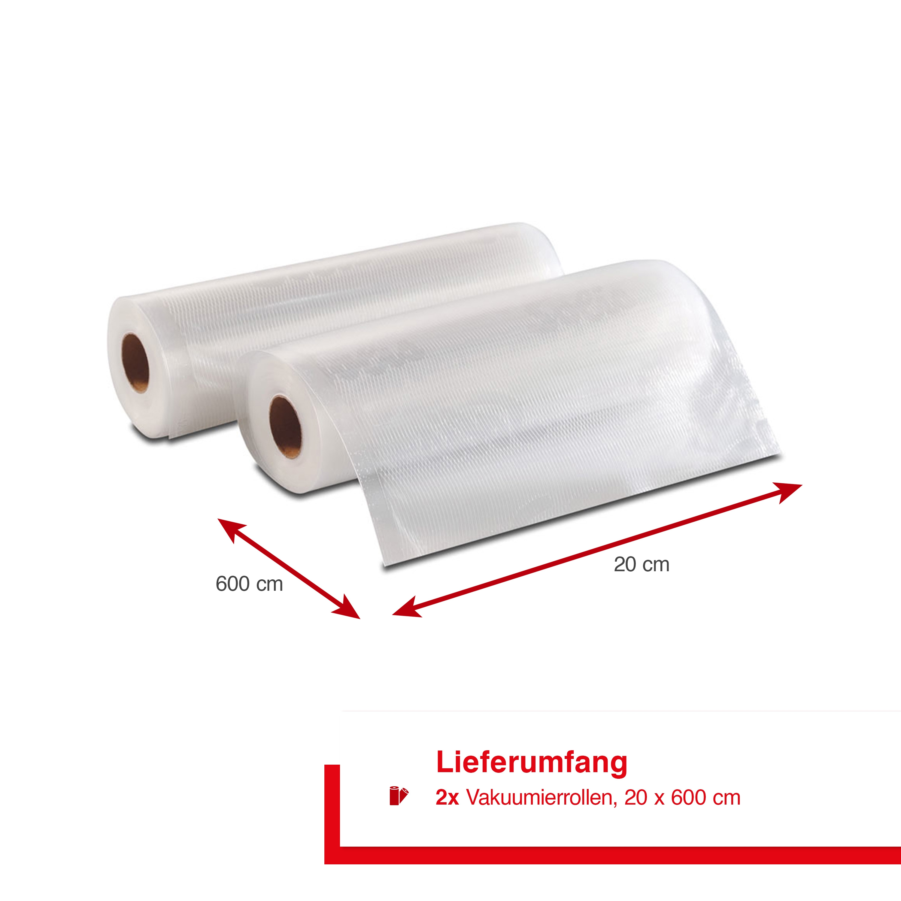 Zwei Rollen Vakuumbeutel mit Pfeilen und Abmessungen, weißer Hintergrund.