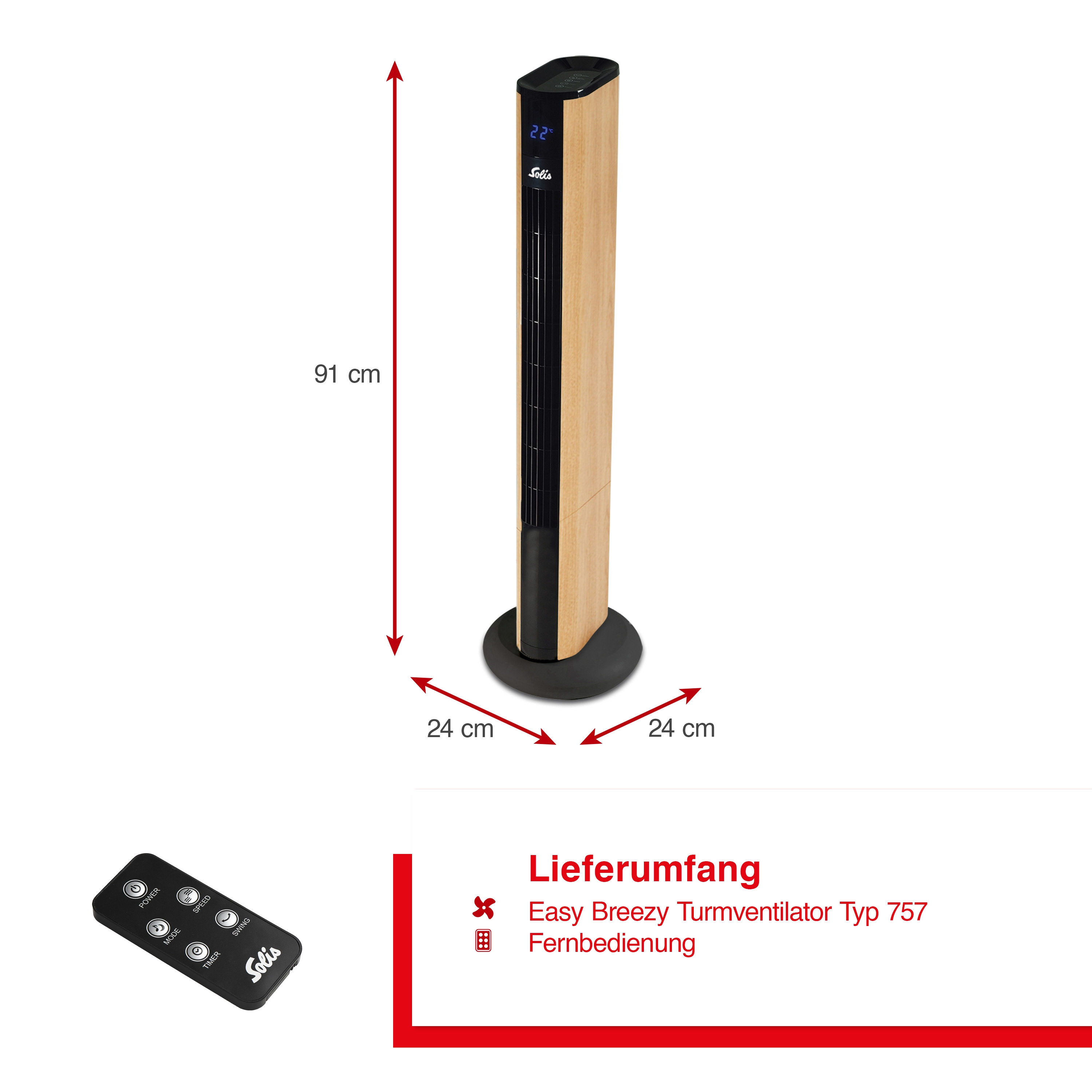 Ein hoher, hellfarbiger Turmventilator mit schwarzem Sockel und Digitalanzeige, zusammen mit einer Fernbedienung, auf weißem Hintergrund.