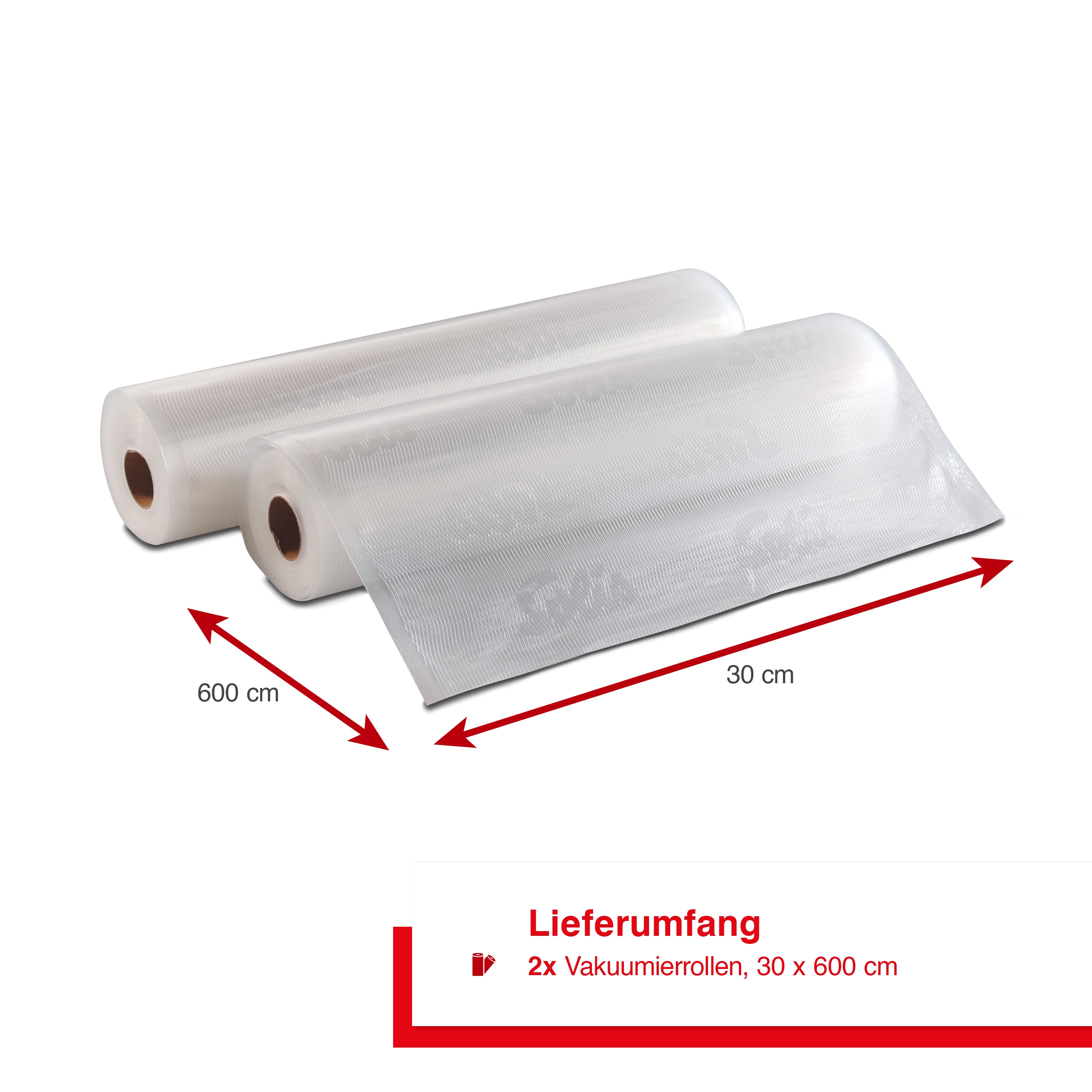 Zwei Rollen Vakuumierbeutel mit Größenangaben, Pfeile zeigen auf 600 cm und 30 cm.