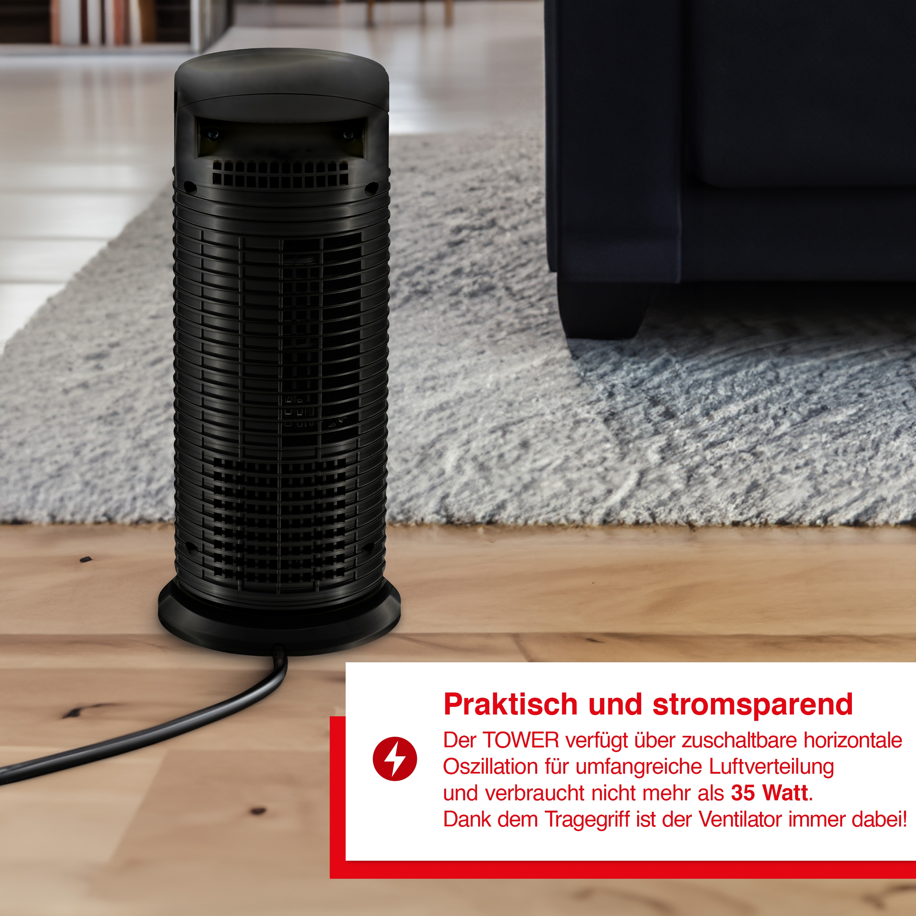 Ein schwarzer Turmventilator auf einem Holzboden, mit Netzkabel. Text auf Deutsch. Teppich dahinter.