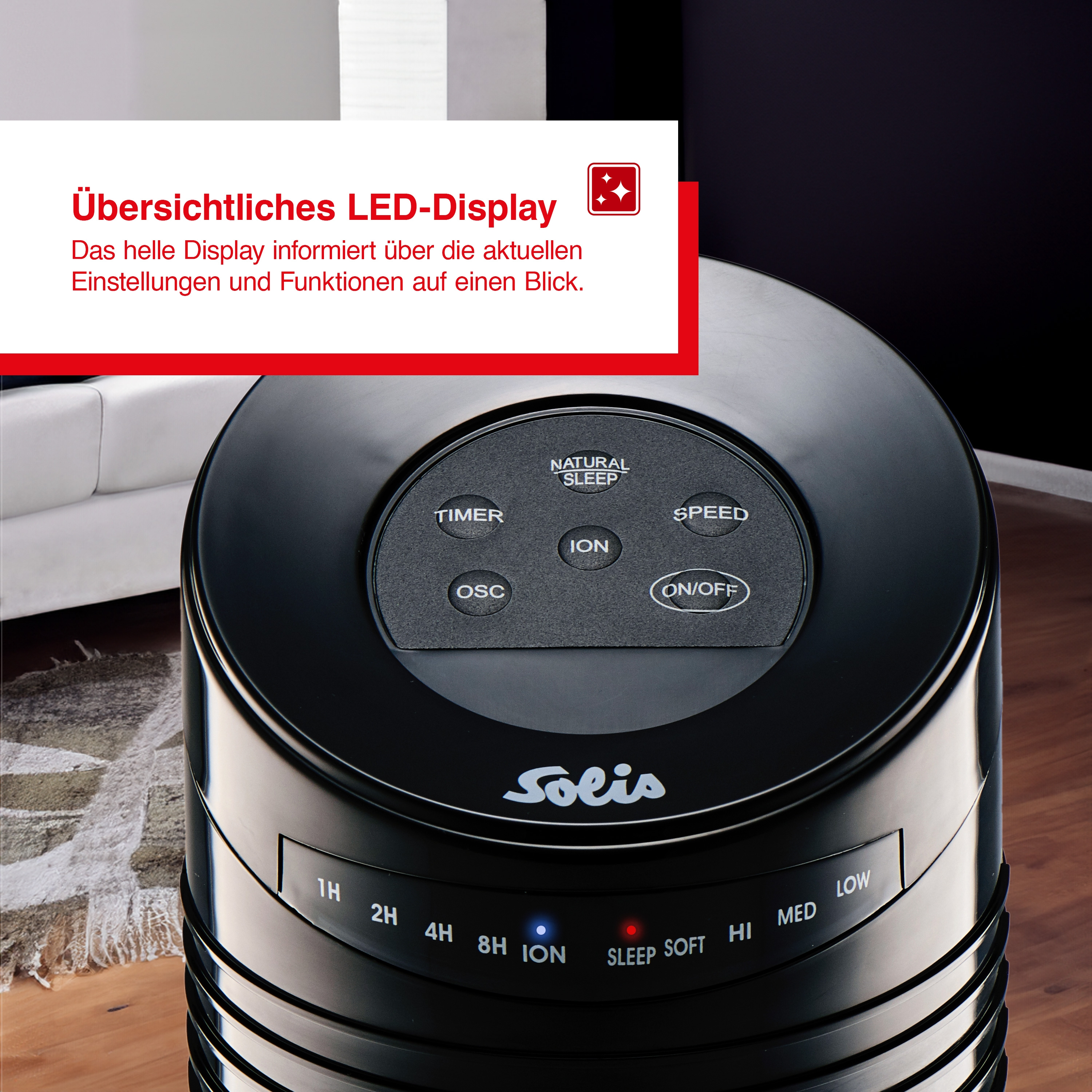 Schwarzer Luftreiniger mit Bedienelementen oben. Text lautet 'Solis' und 'LED-Display'.
