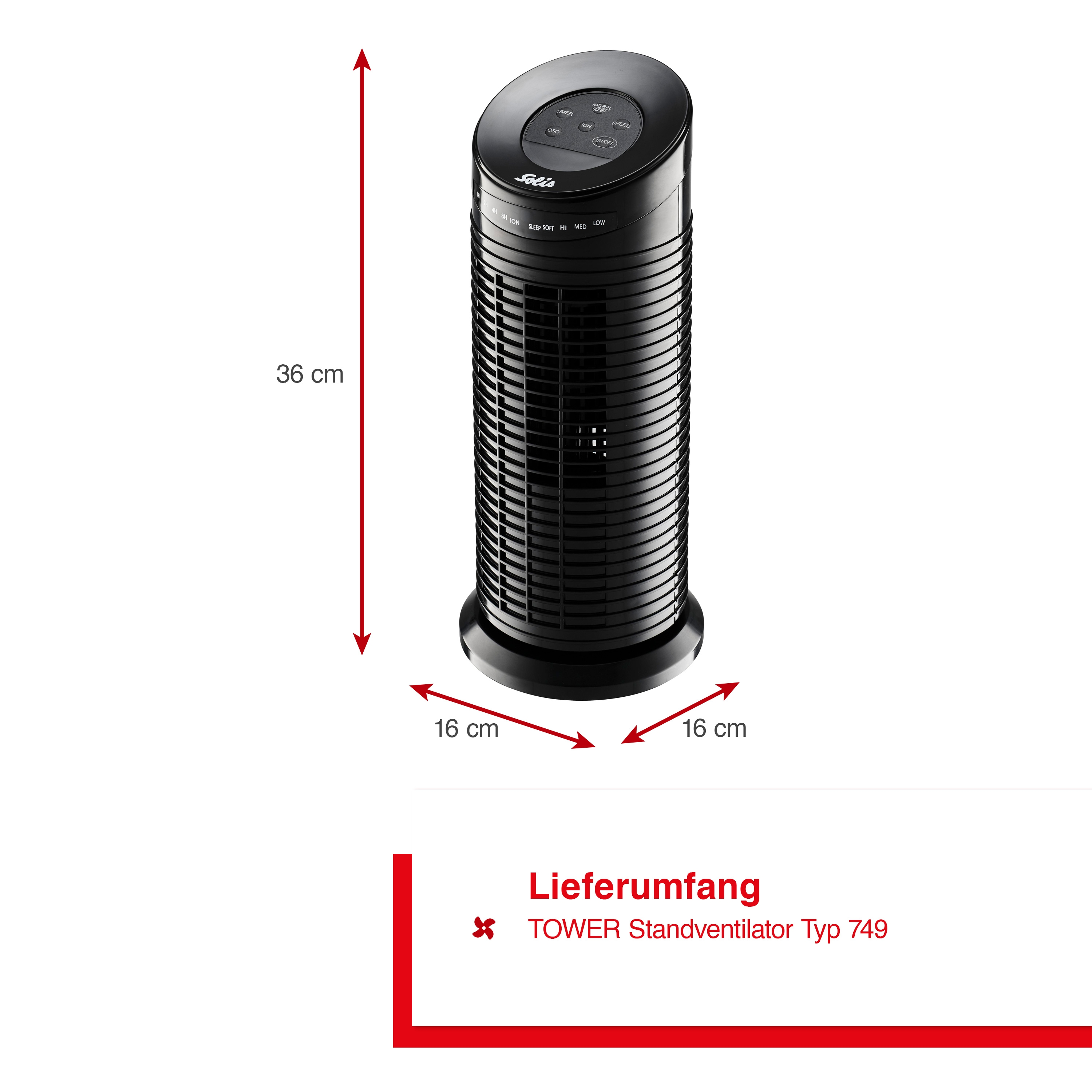 Schwarzer Turmventilator mit Abmessungen. Text: TOWER Standventilator Typ 749. Weißer Hintergrund.