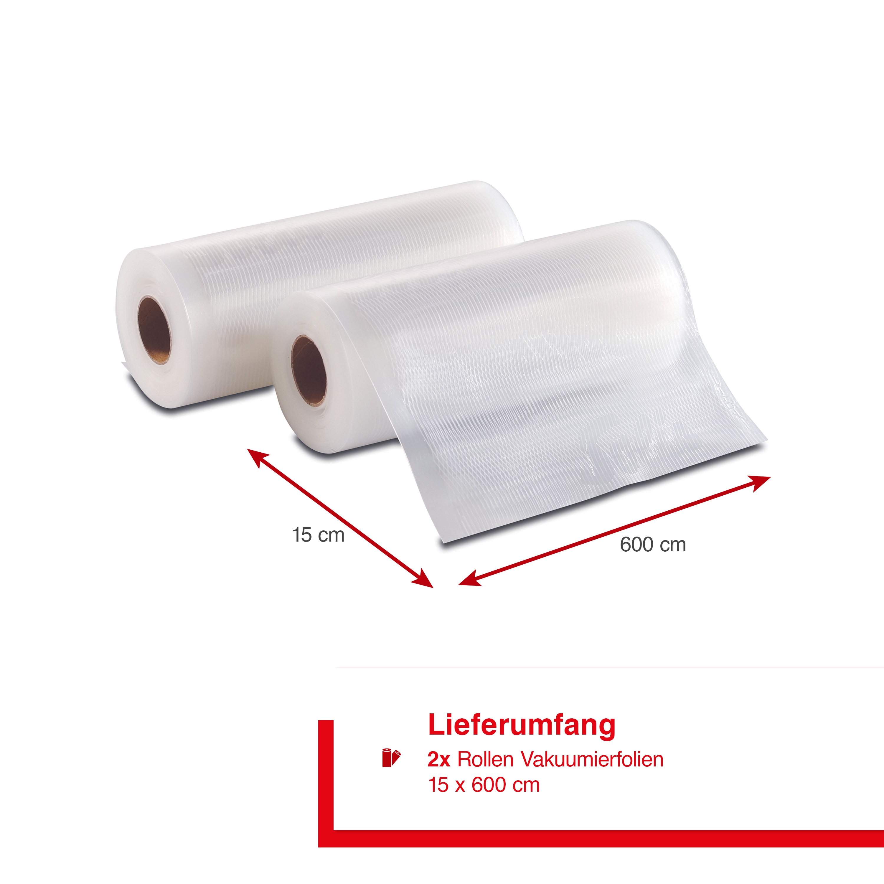 Zwei Rollen transparente Vakuumbeutel auf Weiß, mit Größenangaben.