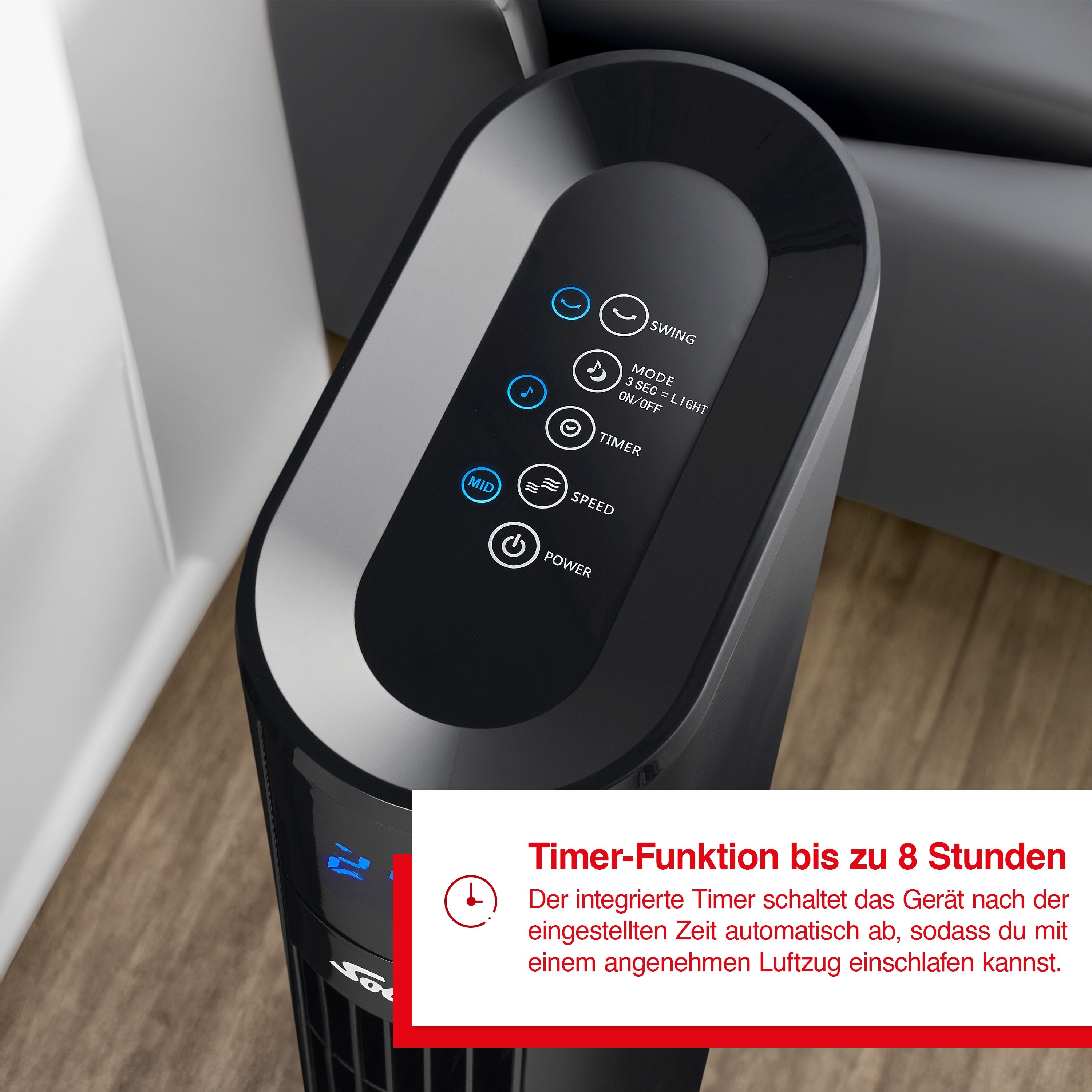 Schwarzer Turmventilator mit Bedienfeld, das Etikett zeigt Timerfunktion bis zu 8 Stunden.
