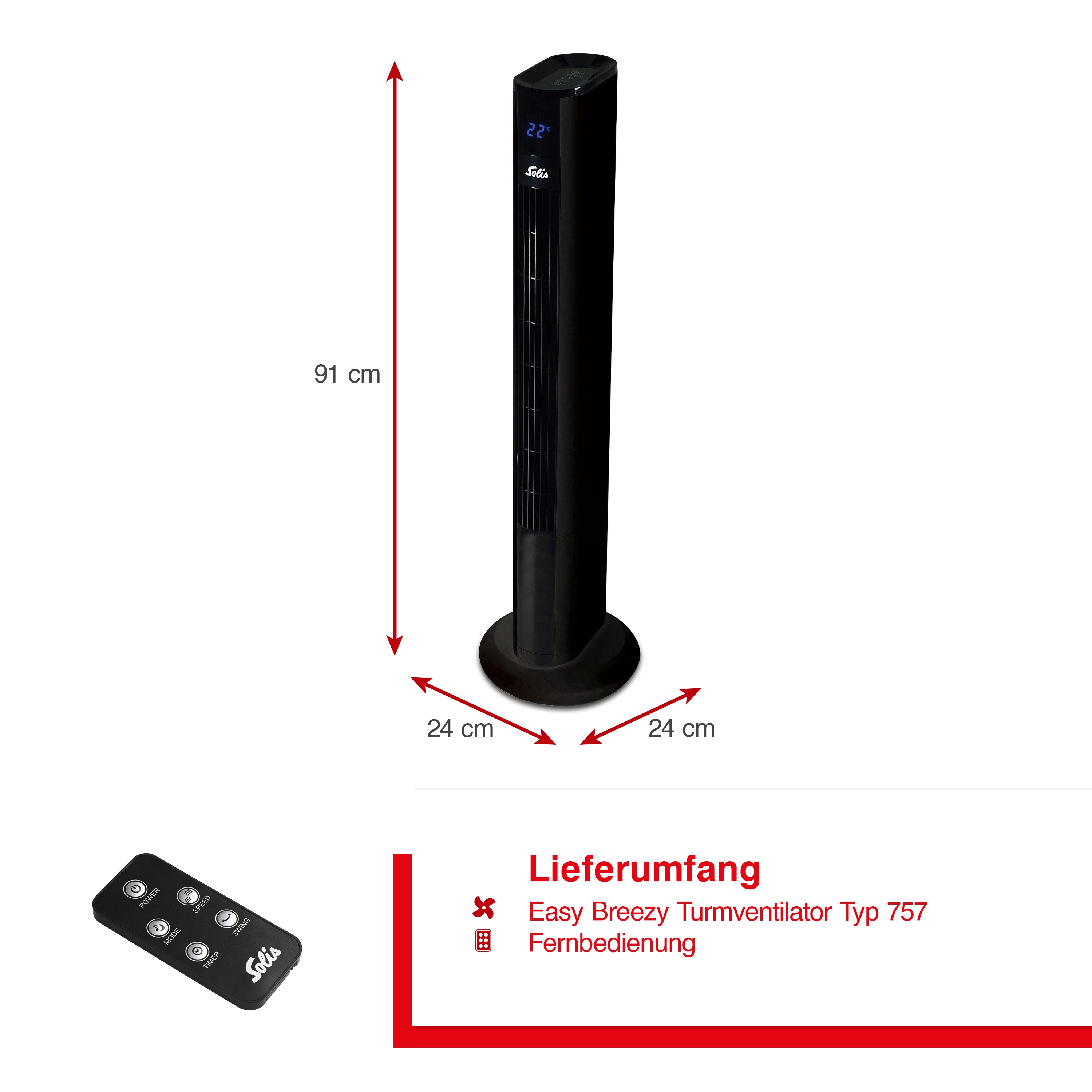 Schwarzer Turmventilator mit Messungen und Fernbedienung.