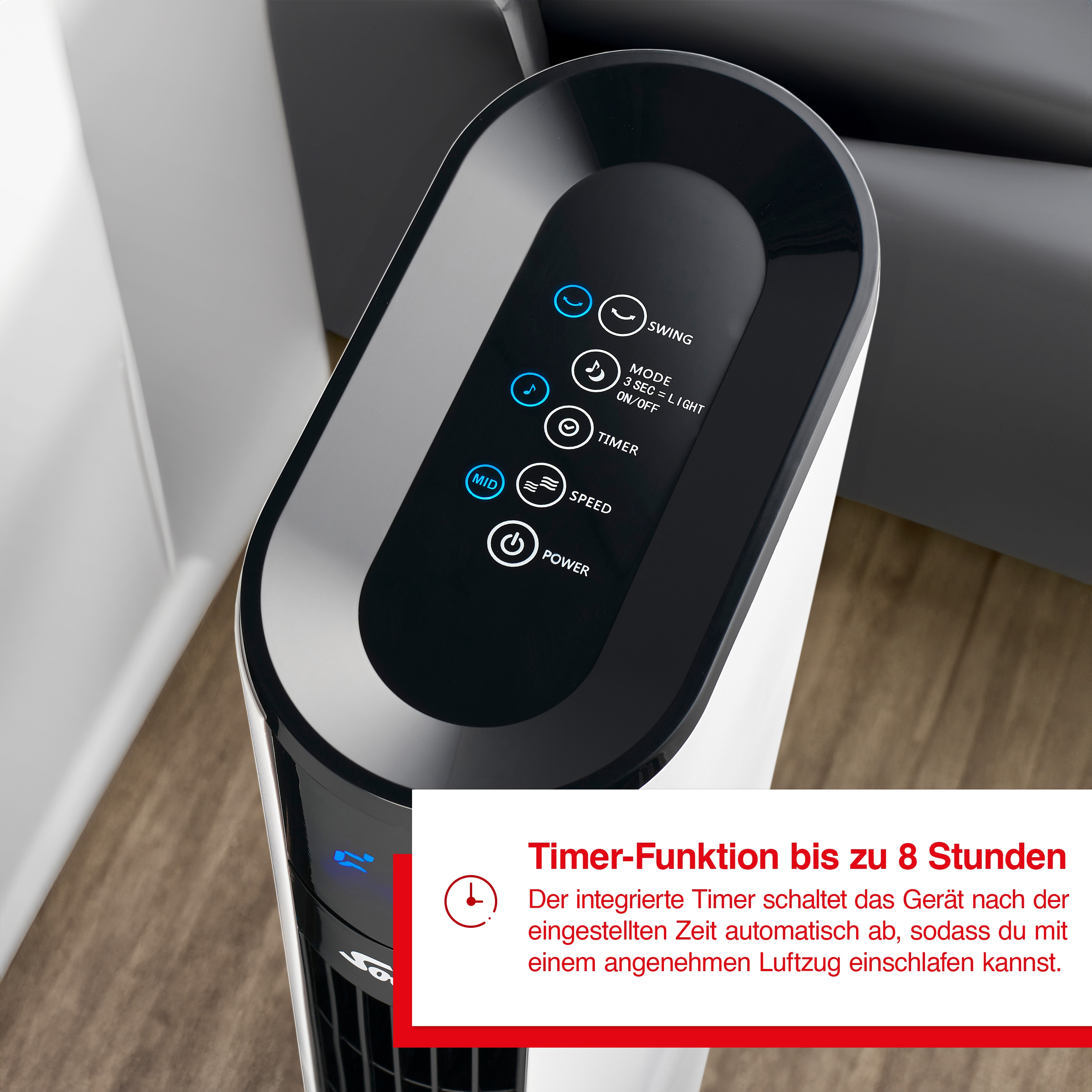 Weiß-schwarzer Luftreiniger. Bedienfeld mit Lichtern, Timerfunktion Text.