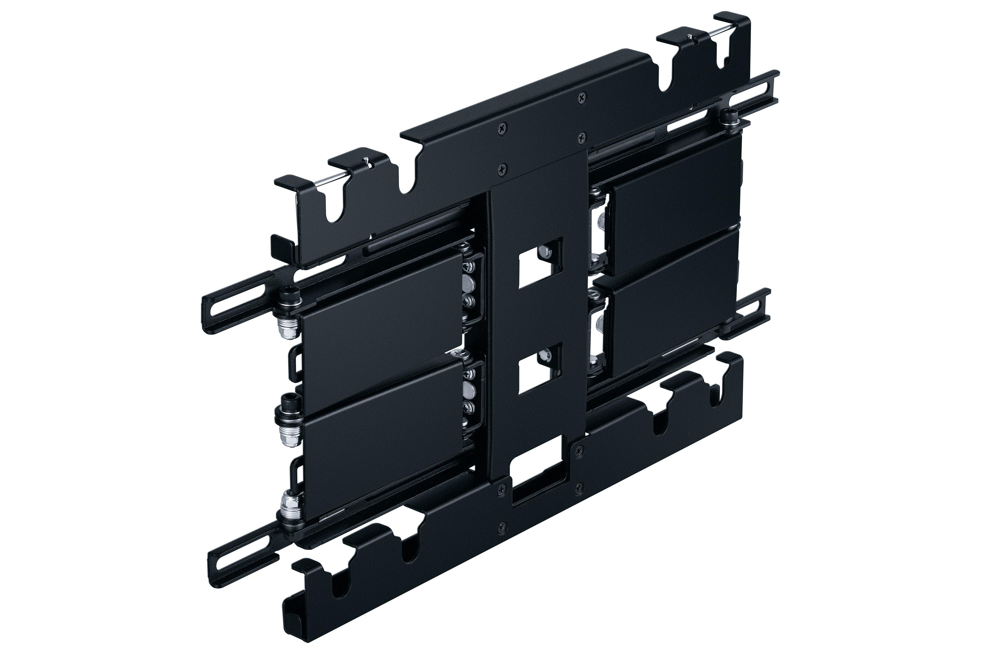 Un support TV en métal noir, conçu pour être monté sur un mur. C'est une vue de côté.