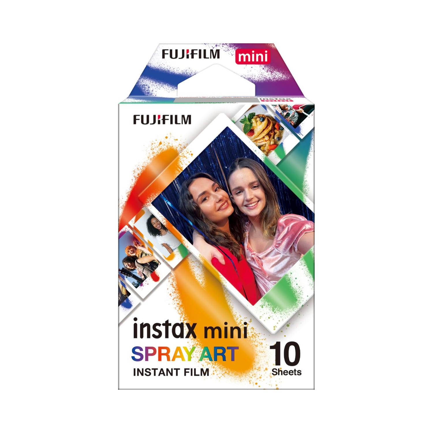 Eine Packung Fujifilm Instax Mini Film mit Fotos von Menschen.