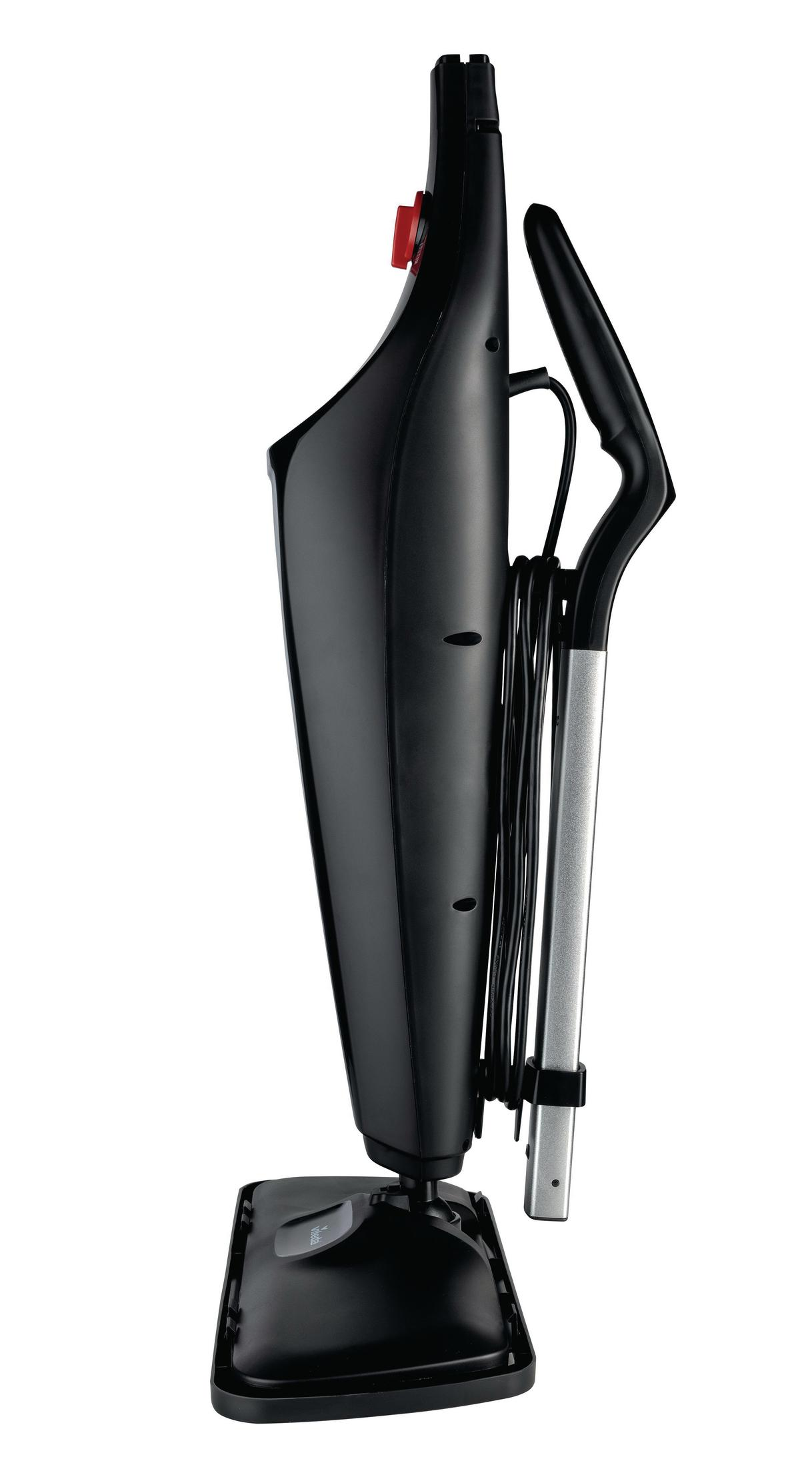 Czarny odkurzacz, złożony, czerwony przycisk, srebrny uchwyt, na białym tle.