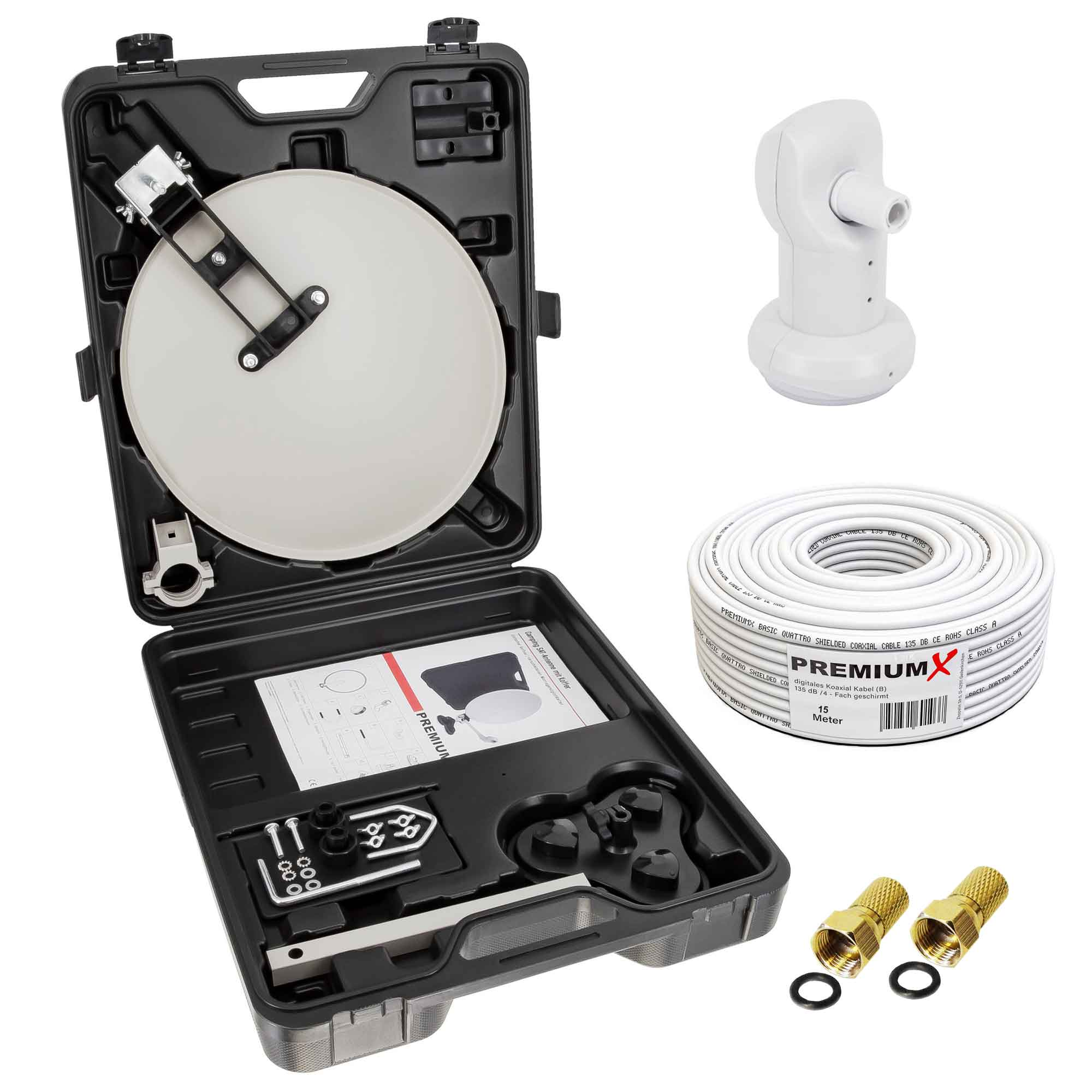 Satellitenschüssel-Kit mit verschiedenen Komponenten, einschließlich Kabeln und Anschlüssen. Schwarzer Koffer, weißer Hintergrund.