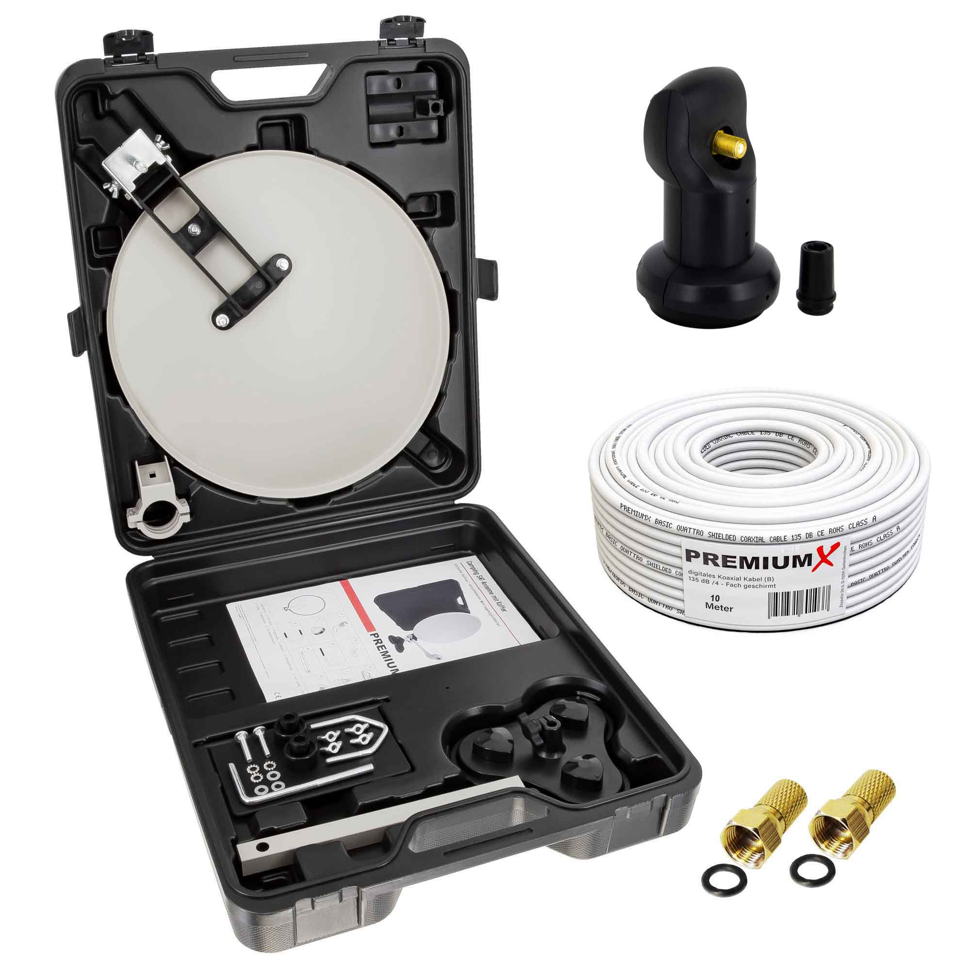 Satellitenschüssel-Kit mit Zubehör in einem schwarzen Koffer auf weißem Hintergrund.