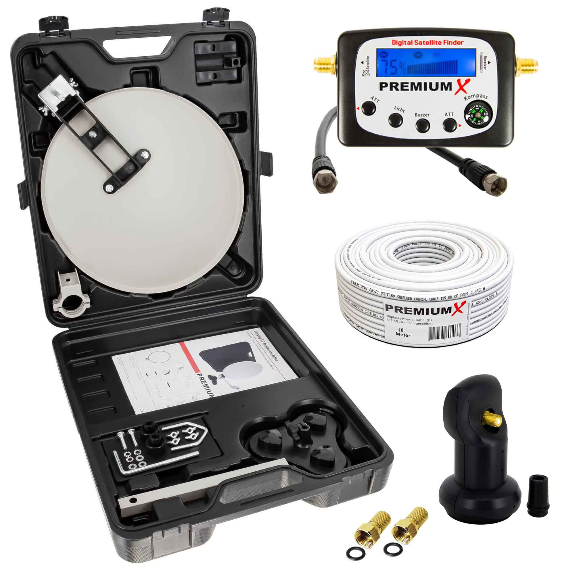 Satellitenfinder-Kit mit Schüssel, Werkzeugen und digitaler Finderanzeige auf weißem Hintergrund.