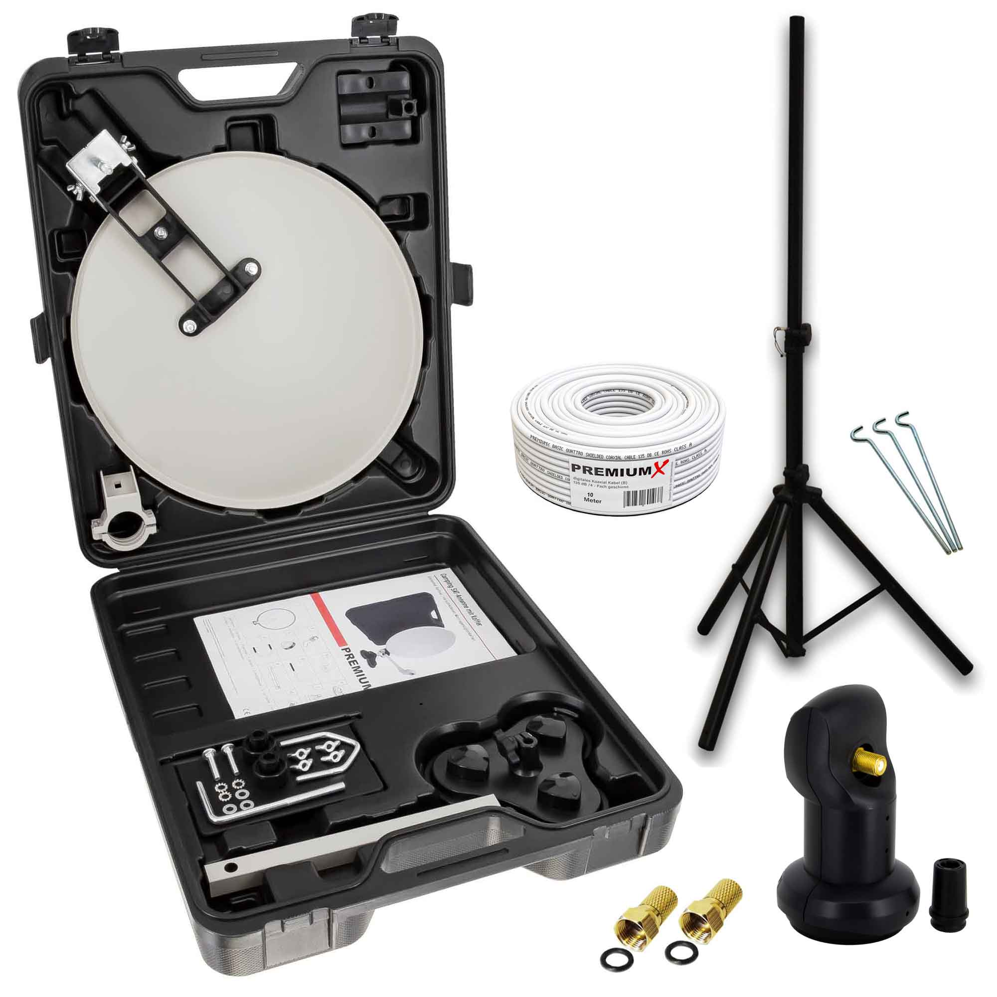 Ein Satelliten-TV-Kit in einem Koffer, mit Satellitenschüssel, Ständer, Kabeln und Werkzeugen, auf weißem Hintergrund.