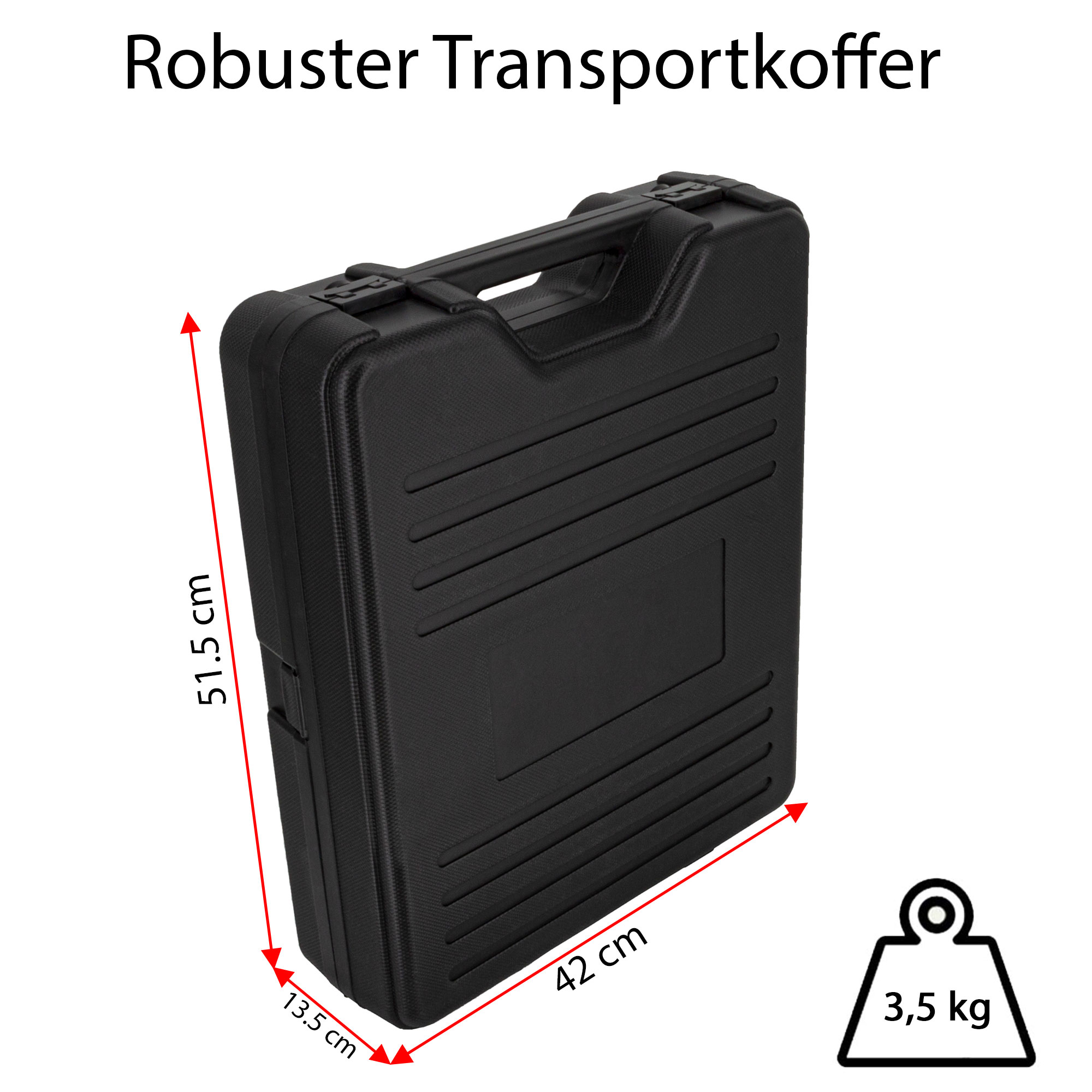 Ein schwarzer, robuster Transportkoffer, geschlossen, mit Abmessungen und einem Gewichtssymbol, das 3,5 kg anzeigt.
