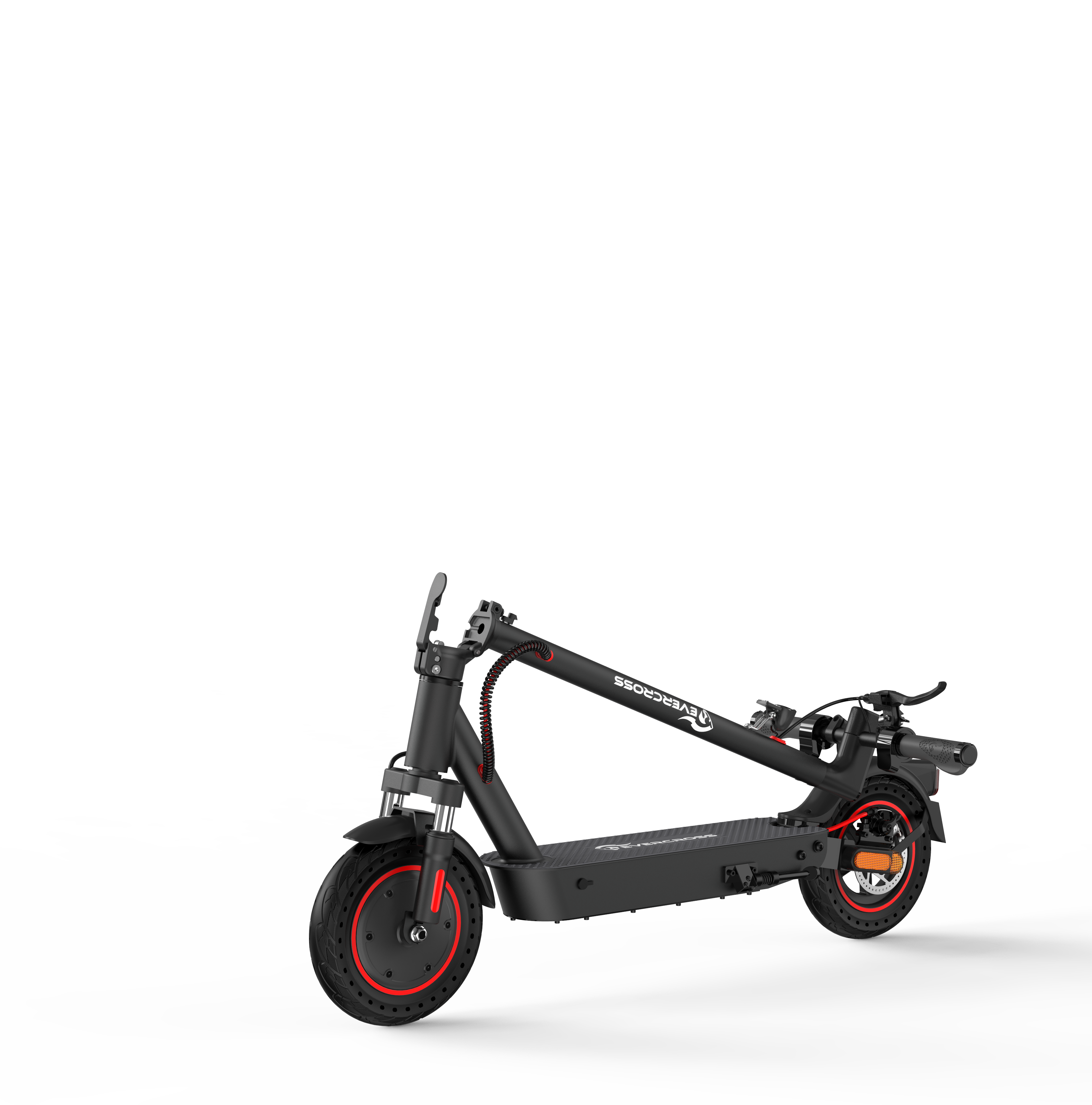 Czarny i czerwony skuter składany. Czerwone koła, czarna rama.