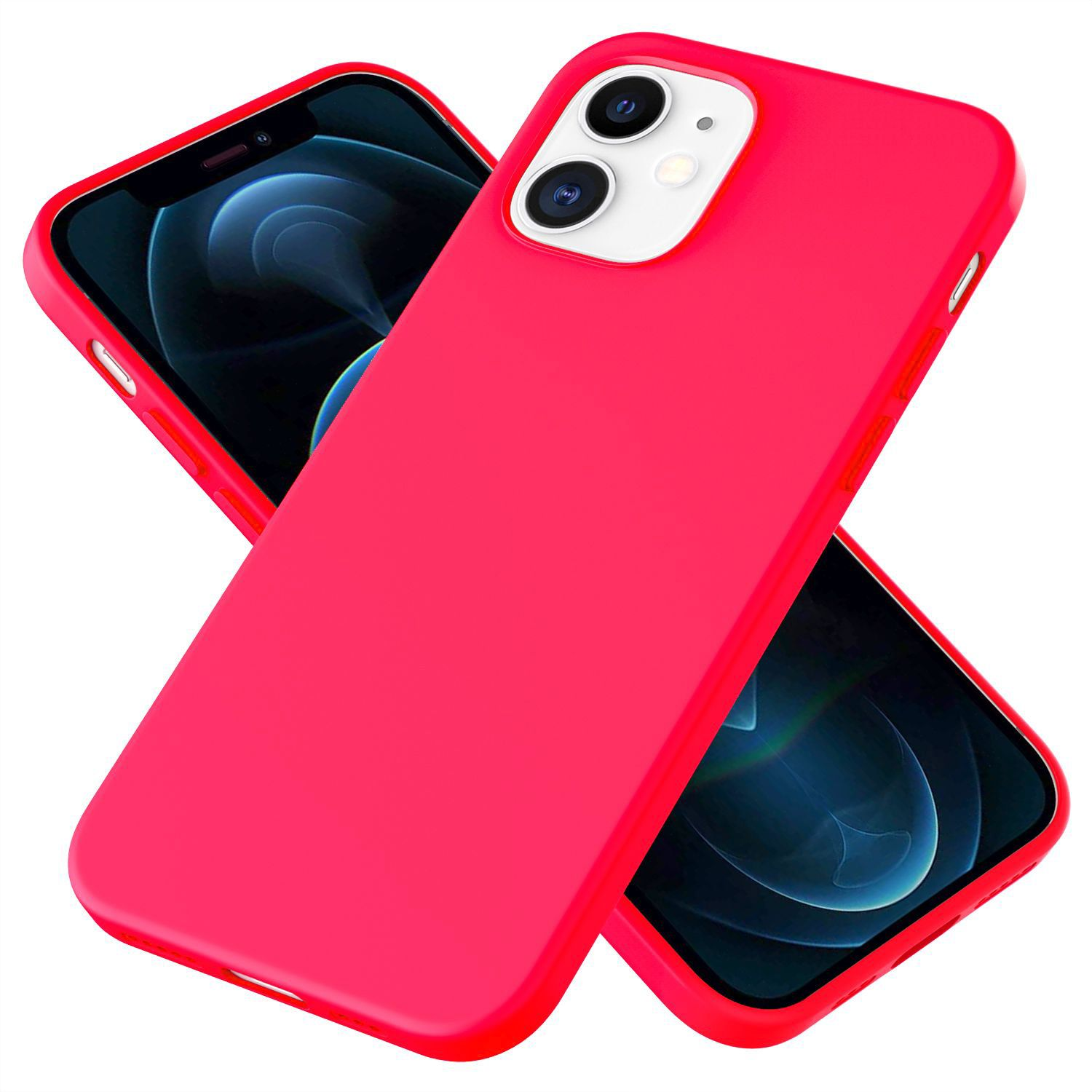 Zwei pinke Handyhüllen übereinander. Eine bedeckt ein Telefon, die andere ist leer.