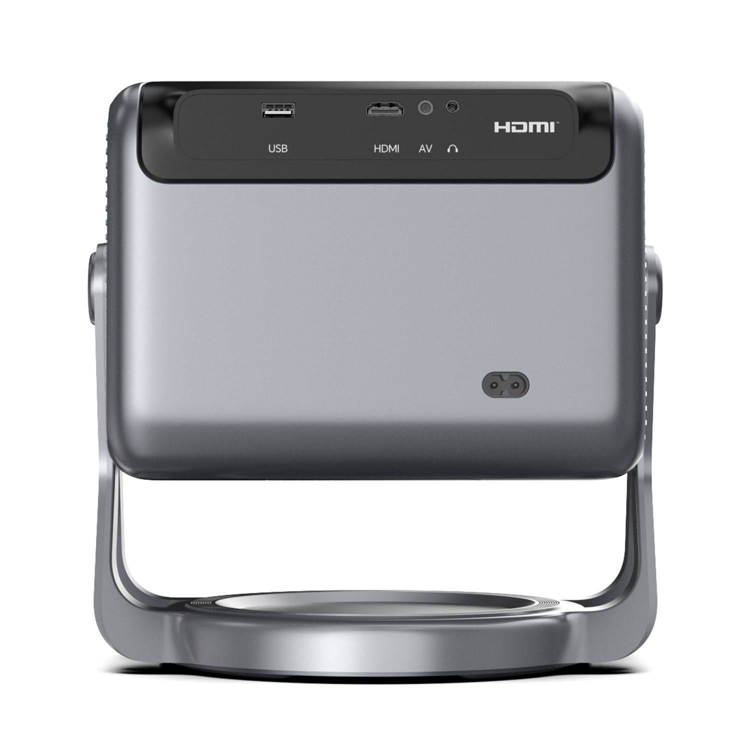 Srebrny projektor z portami HDMI, USB i AV. Ma zakrzywioną podstawę.