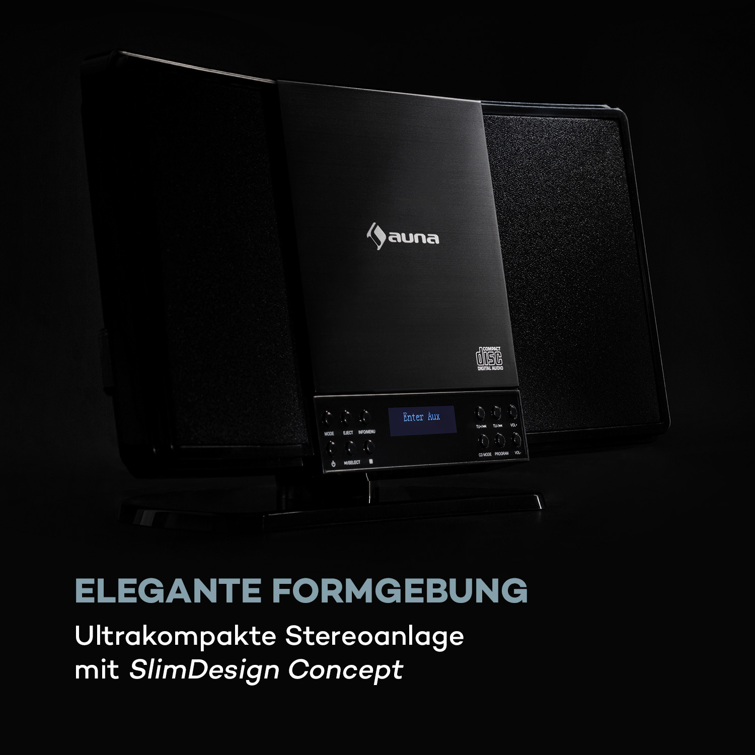 Ein schwarzes Stereoanlage mit zwei Lautsprechern. Text: Elegantes Design, ultrakompakte Stereoanlage.